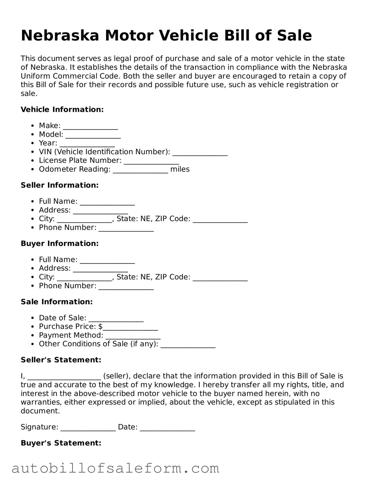 Free  Motor Vehicle Bill of Sale Template for Nebraska