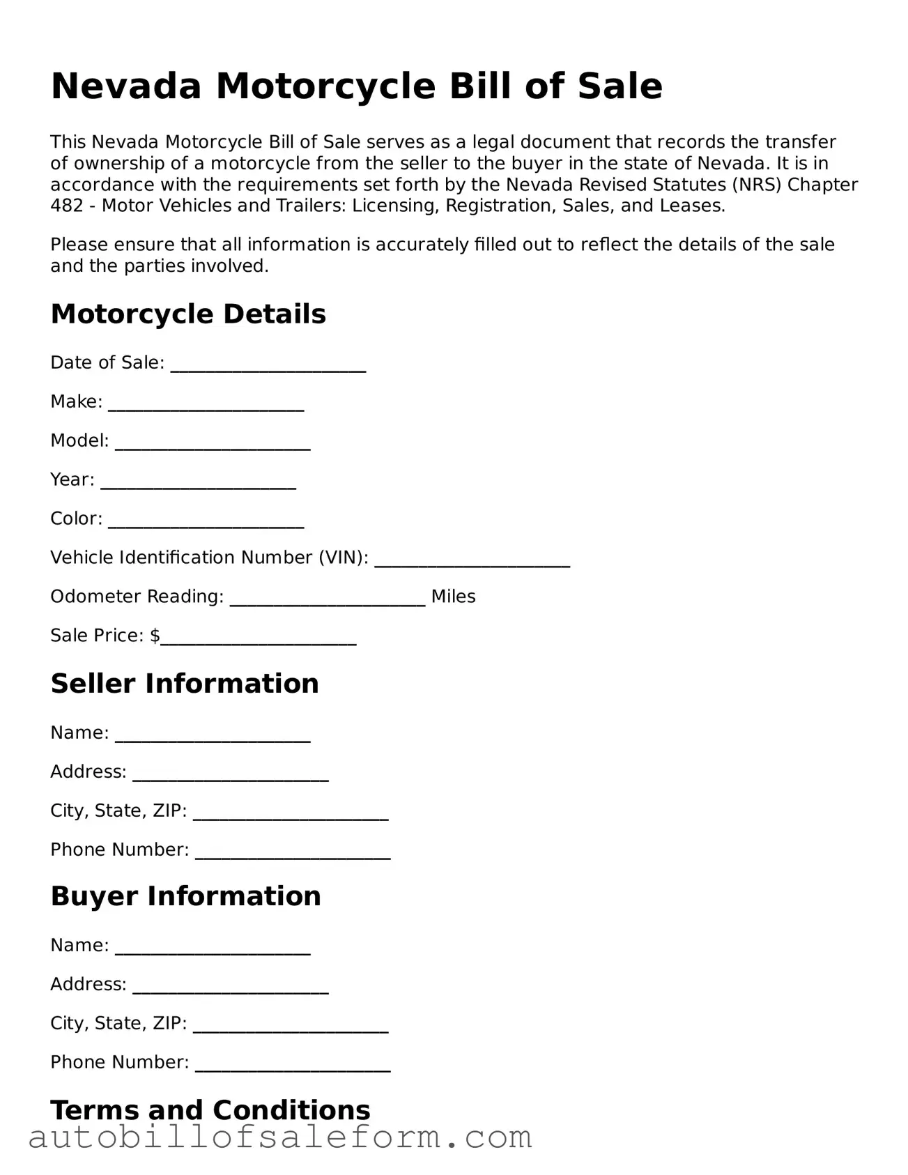 Free  Motorcycle Bill of Sale Template for Nevada