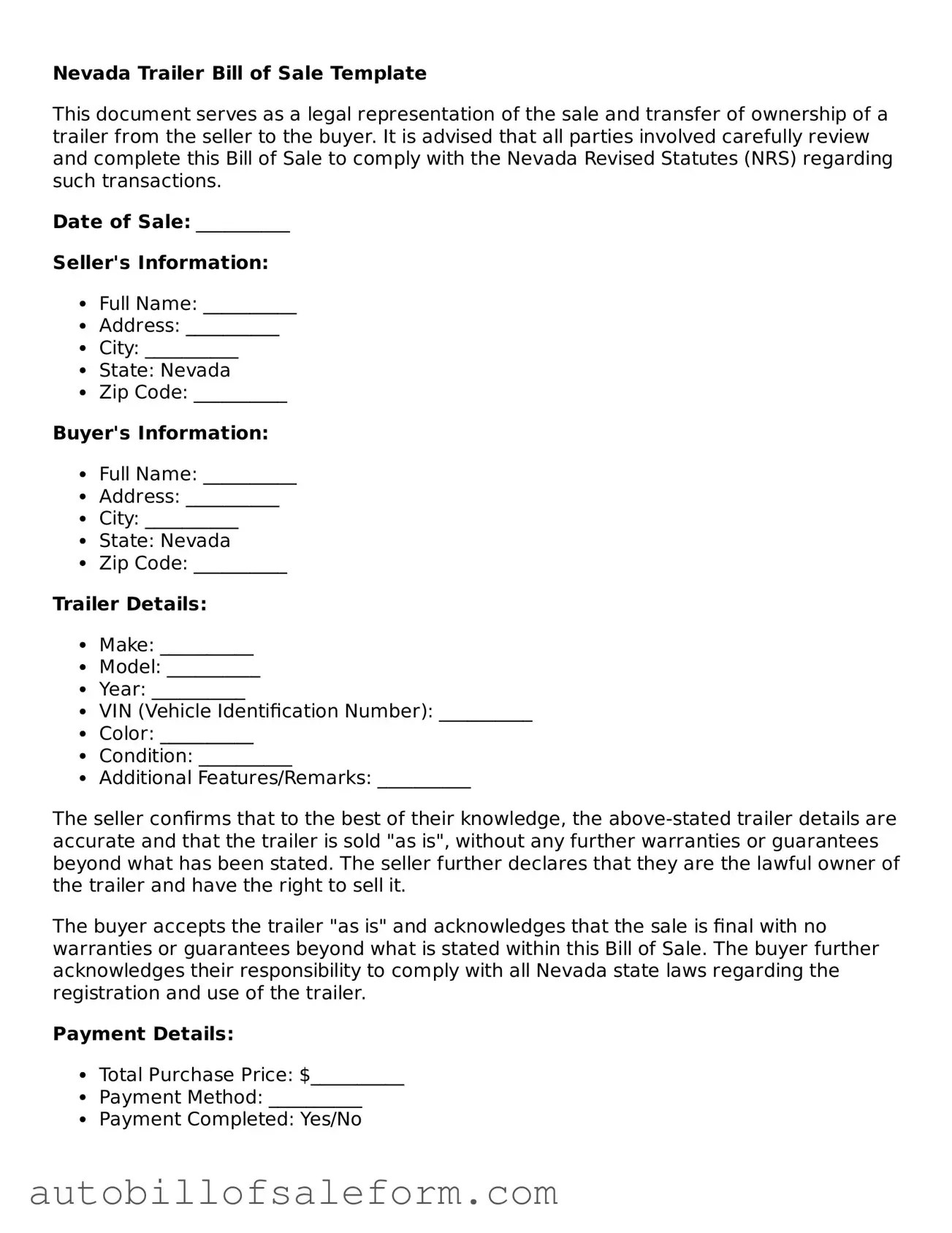 Free  Trailer Bill of Sale Template for Nevada