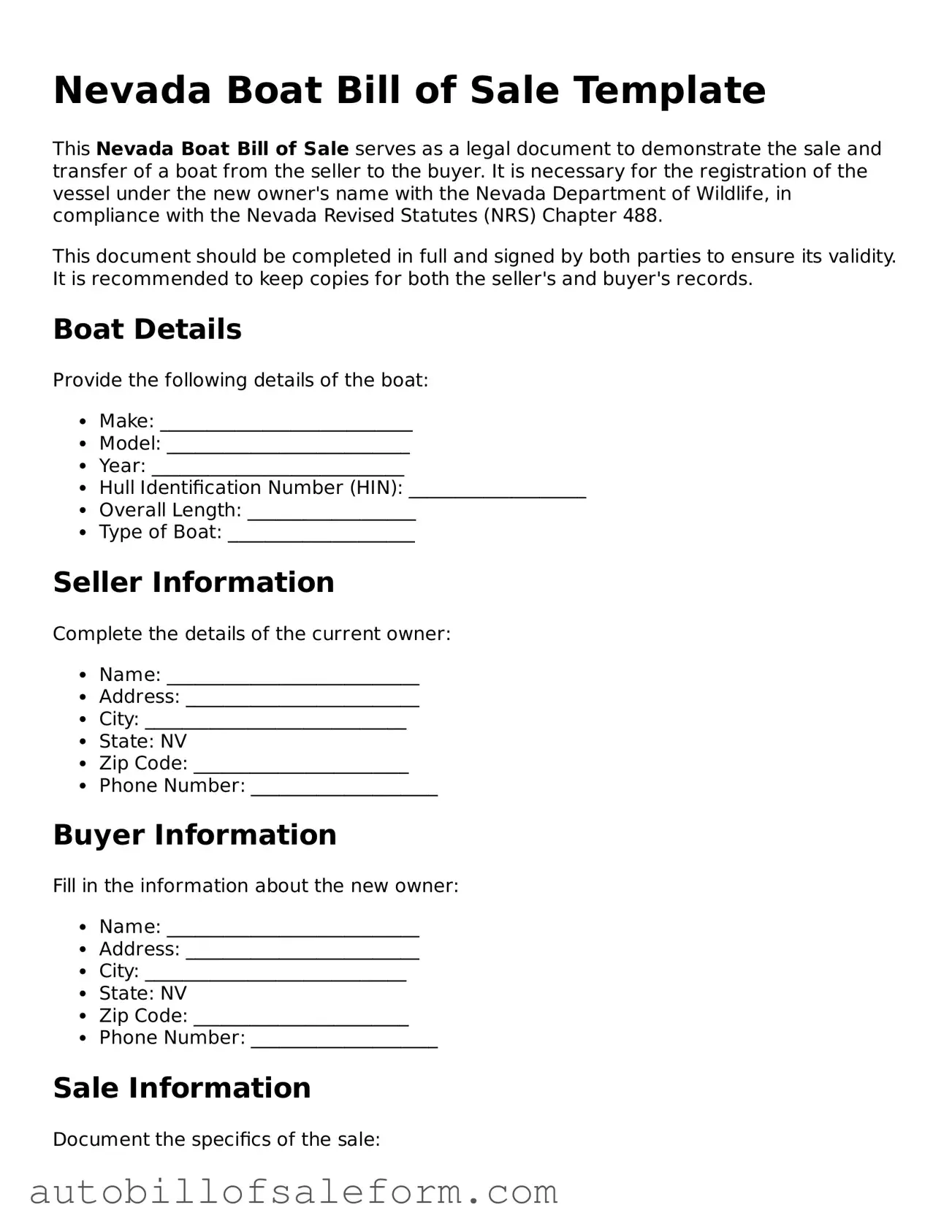 Free  Boat Bill of Sale Template for Nevada