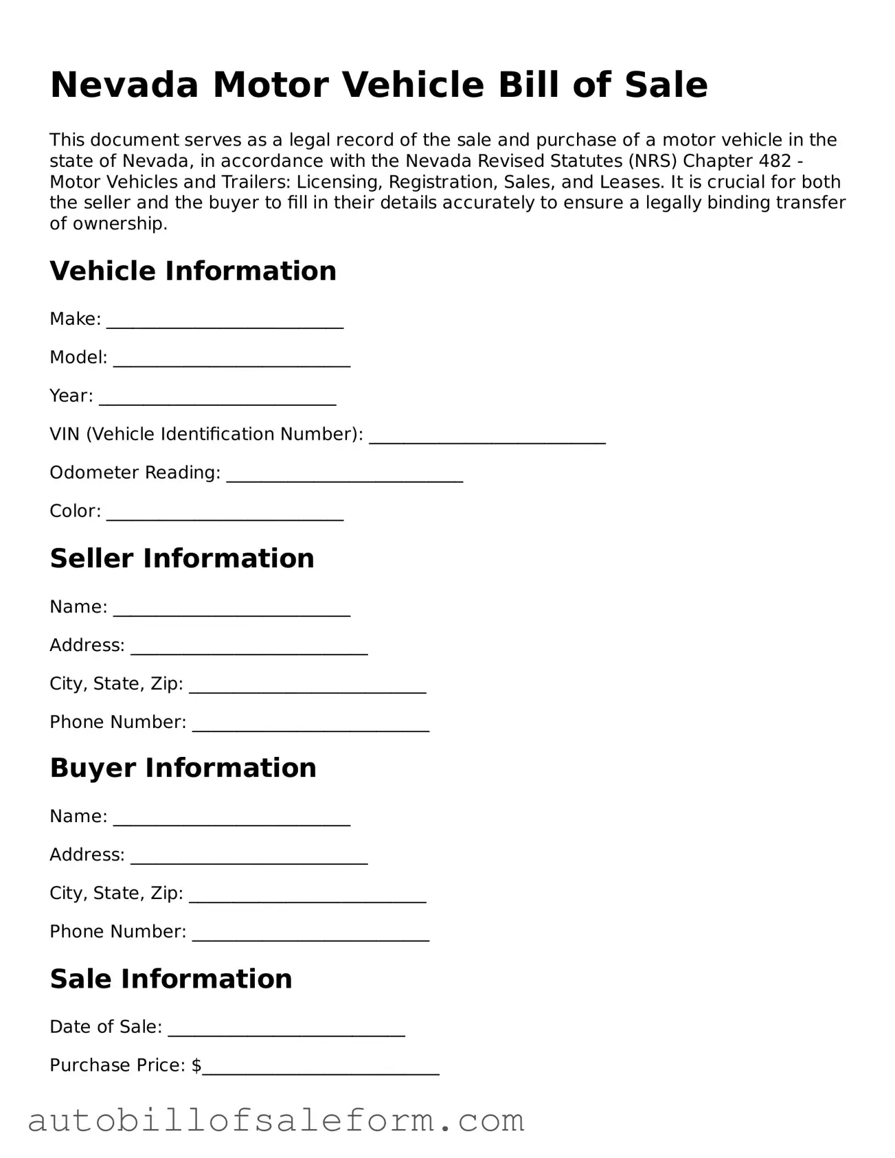 Free  Motor Vehicle Bill of Sale Template for Nevada