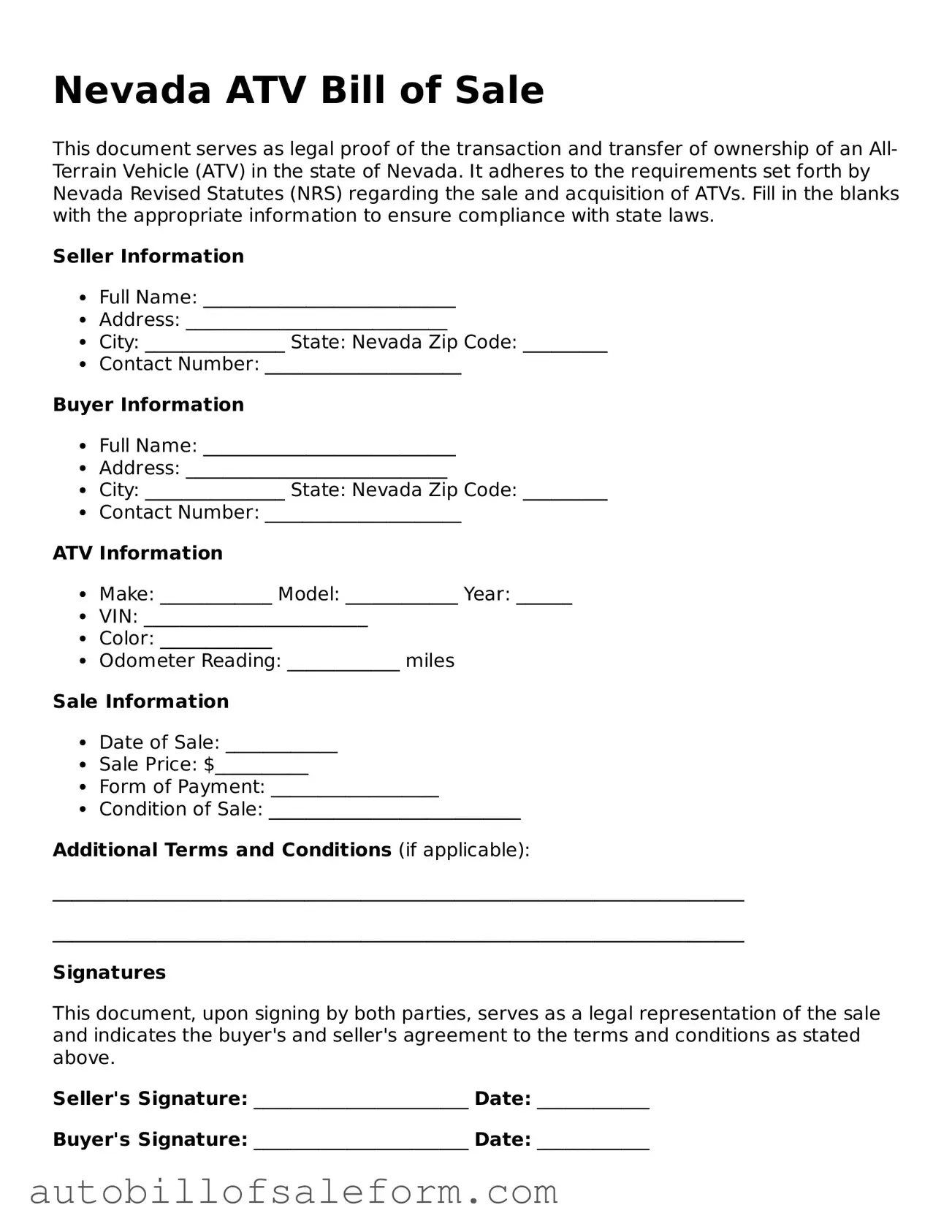 Free  ATV Bill of Sale Template for Nevada