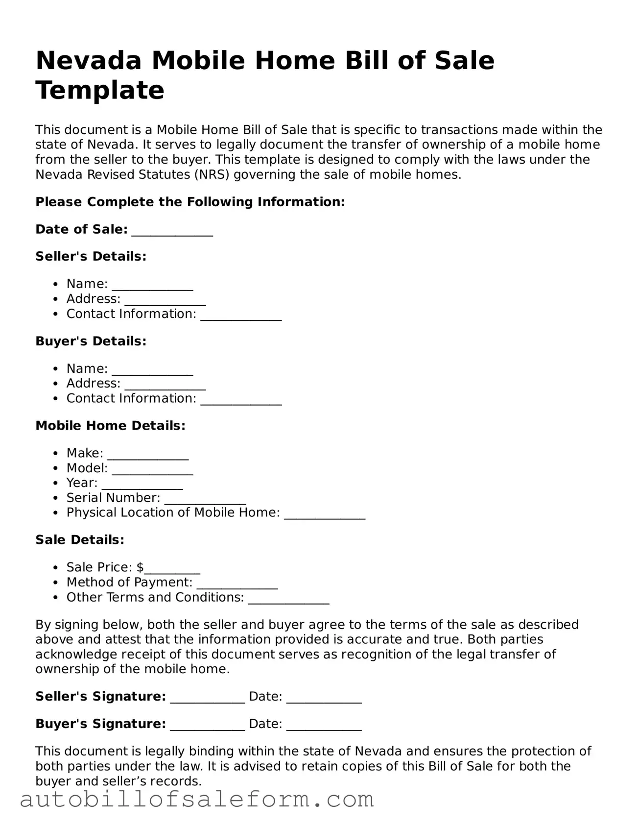 Free  Mobile Home Bill of Sale Template for Nevada