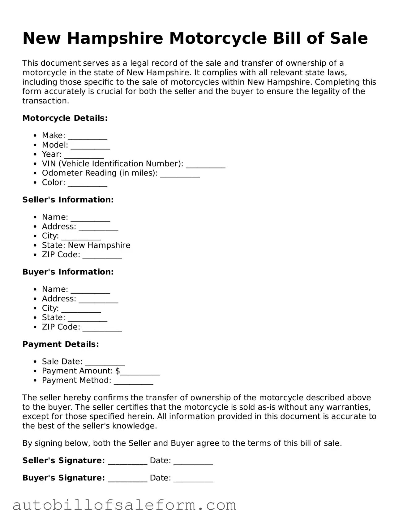 Free  Motorcycle Bill of Sale Template for New Hampshire