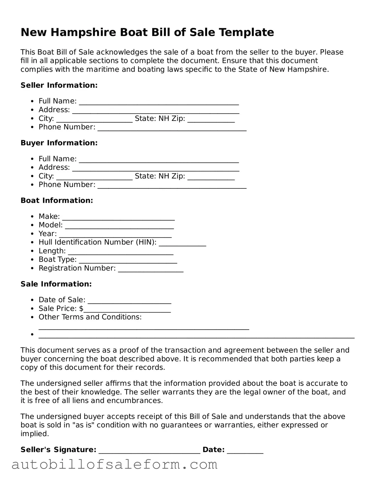 Free  Boat Bill of Sale Template for New Hampshire