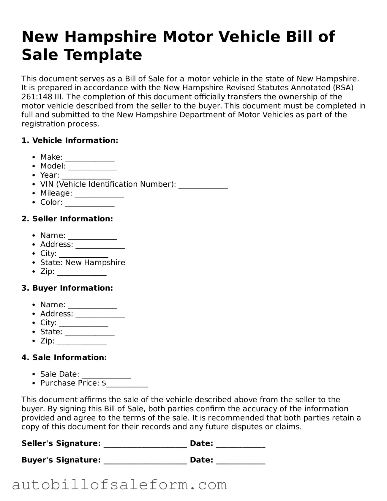 Free  Motor Vehicle Bill of Sale Template for New Hampshire