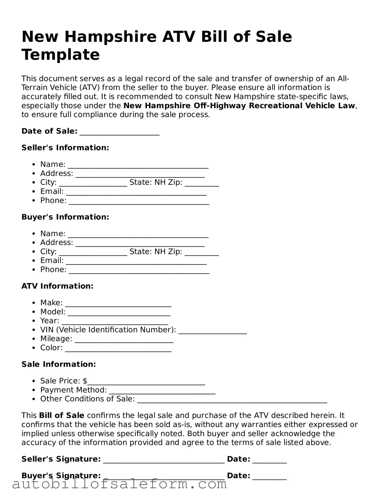 Free  ATV Bill of Sale Template for New Hampshire