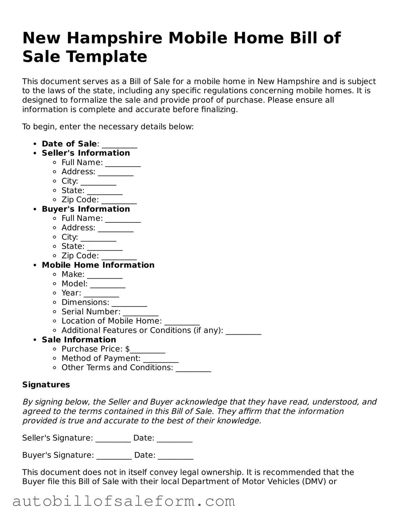Free  Mobile Home Bill of Sale Template for New Hampshire