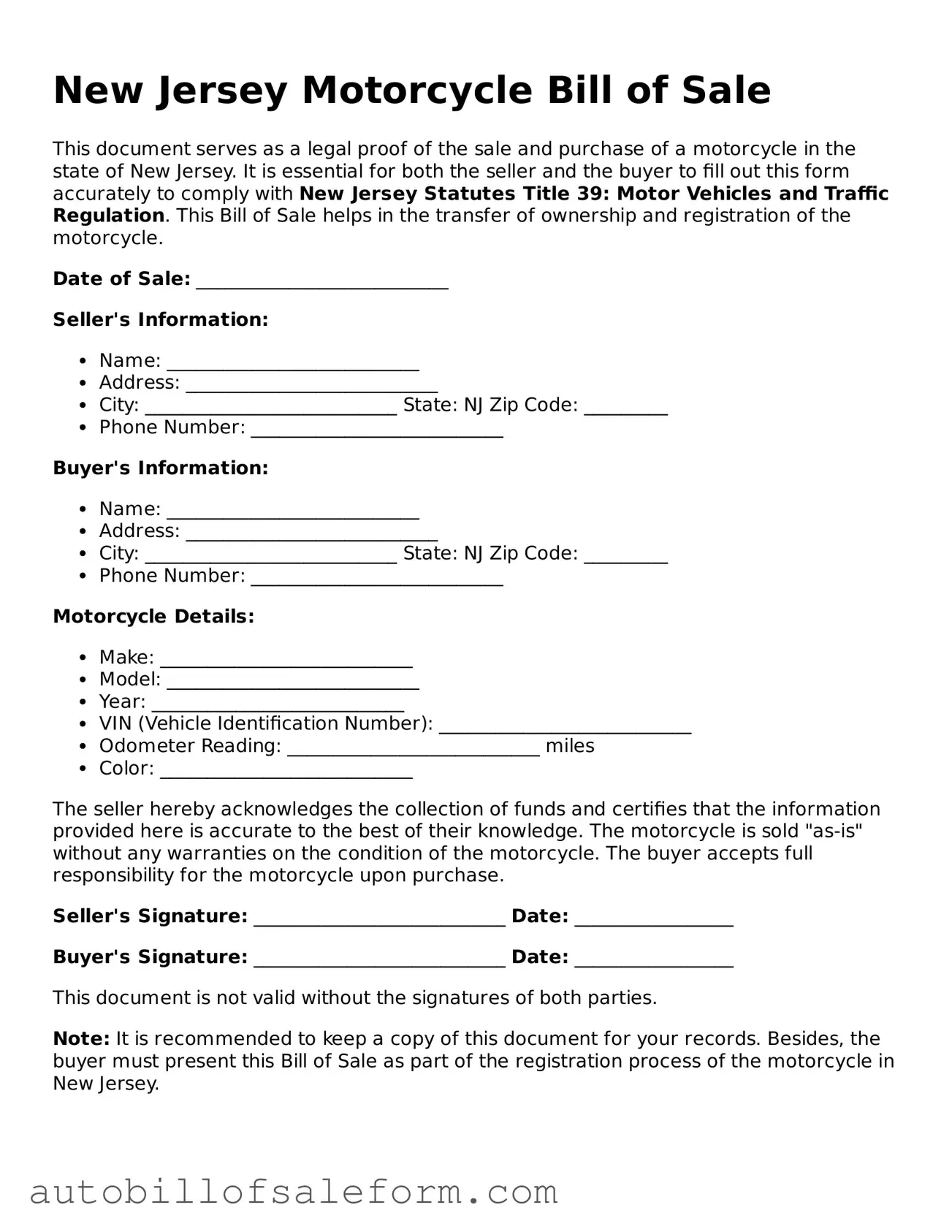 Free  Motorcycle Bill of Sale Template for New Jersey