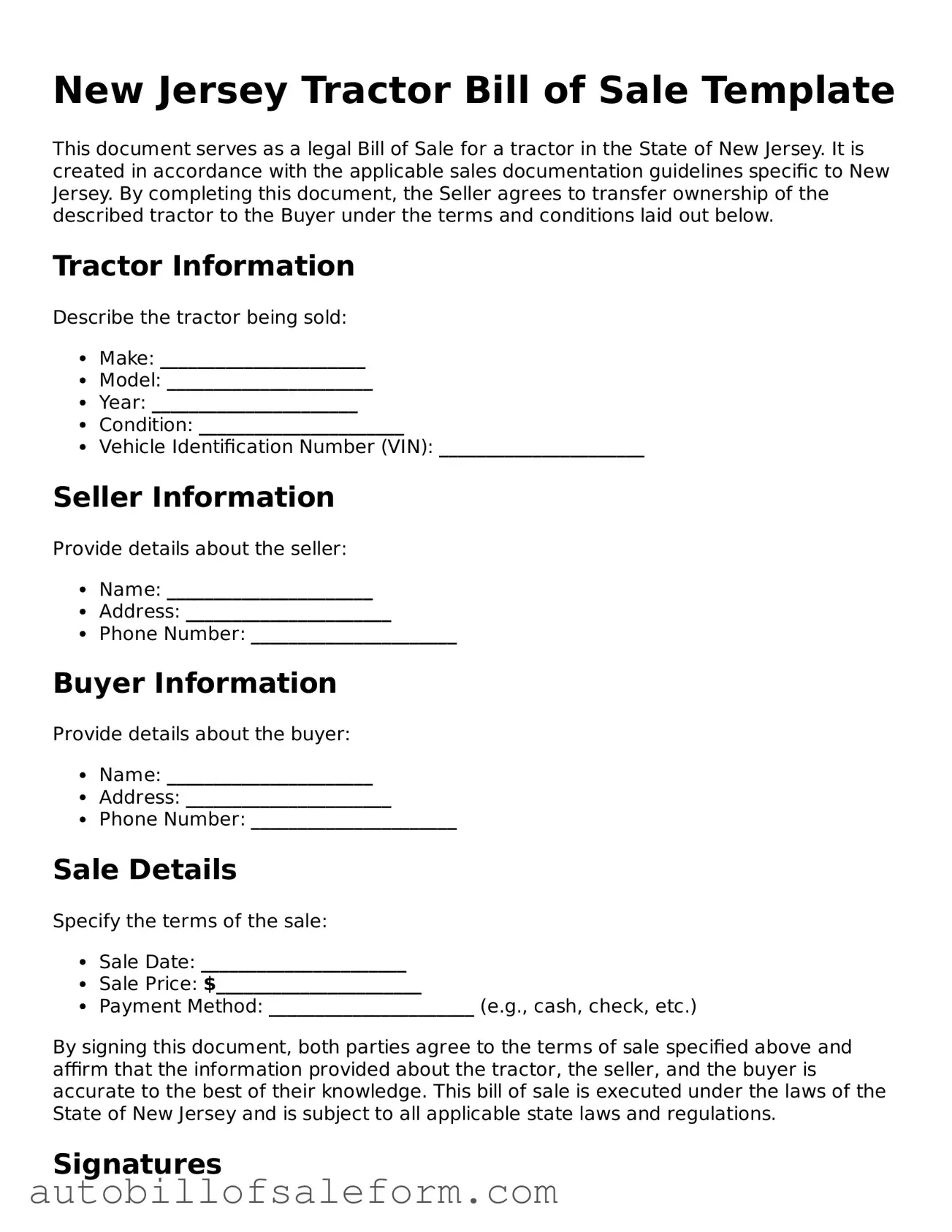 Free  Tractor Bill of Sale Template for New Jersey