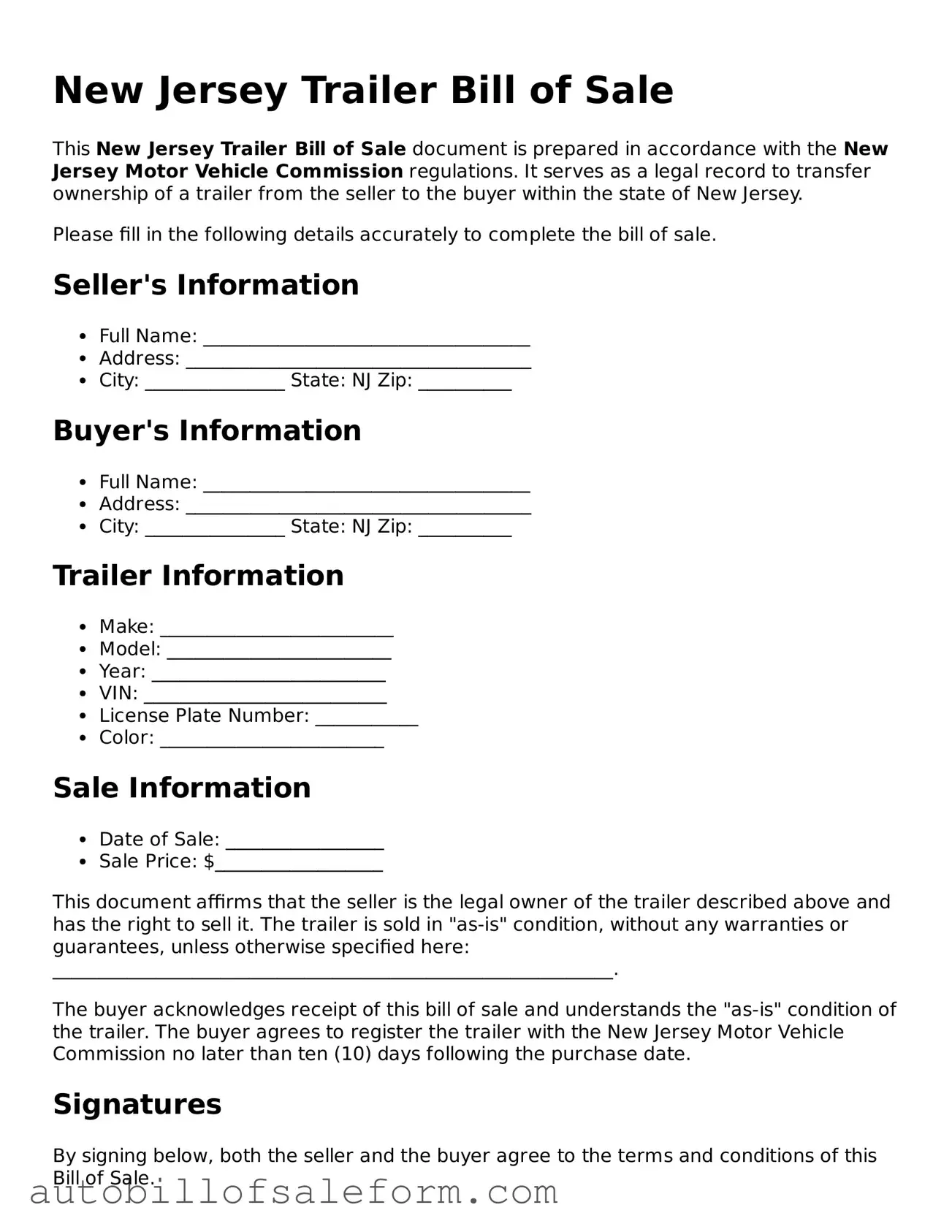 Free  Trailer Bill of Sale Template for New Jersey