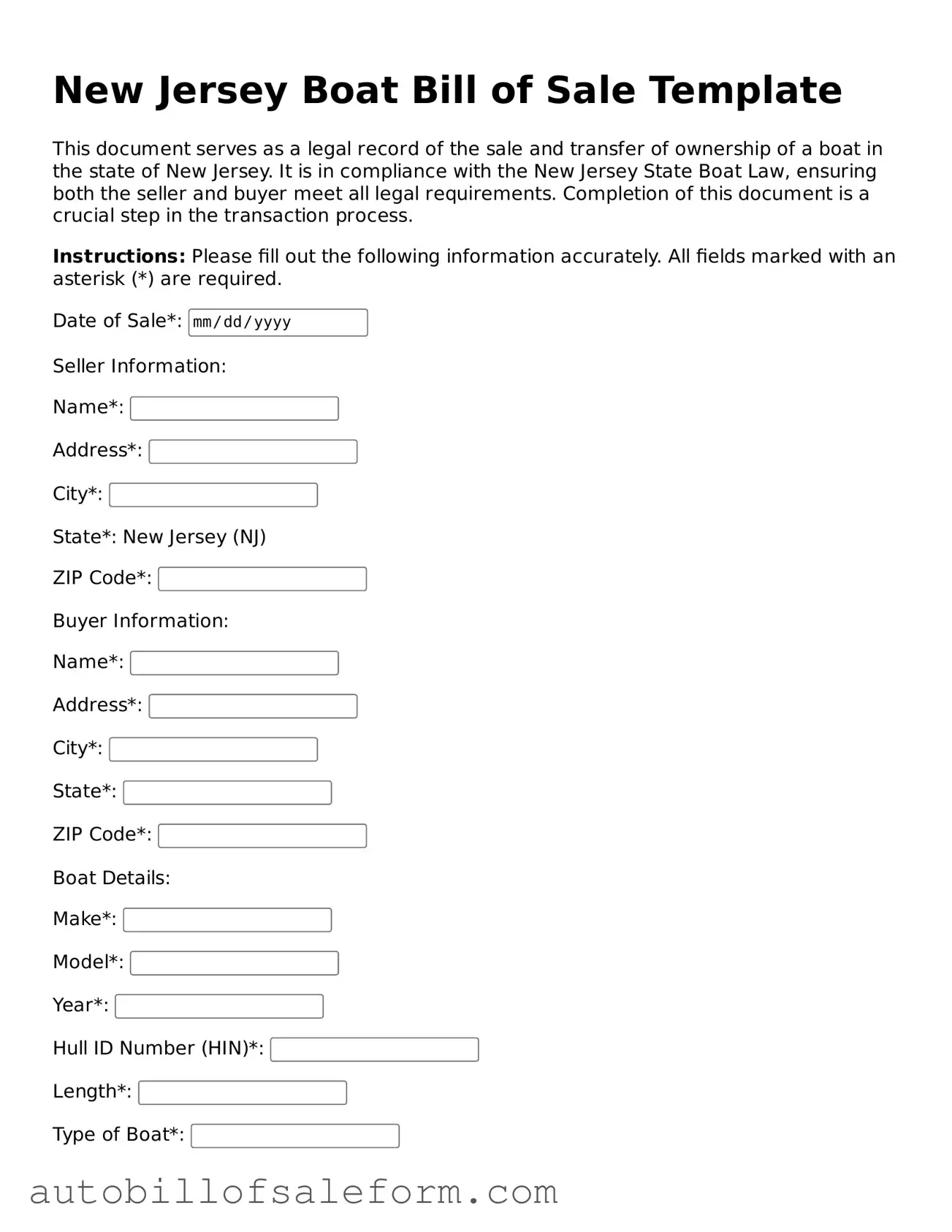 Free  Boat Bill of Sale Template for New Jersey