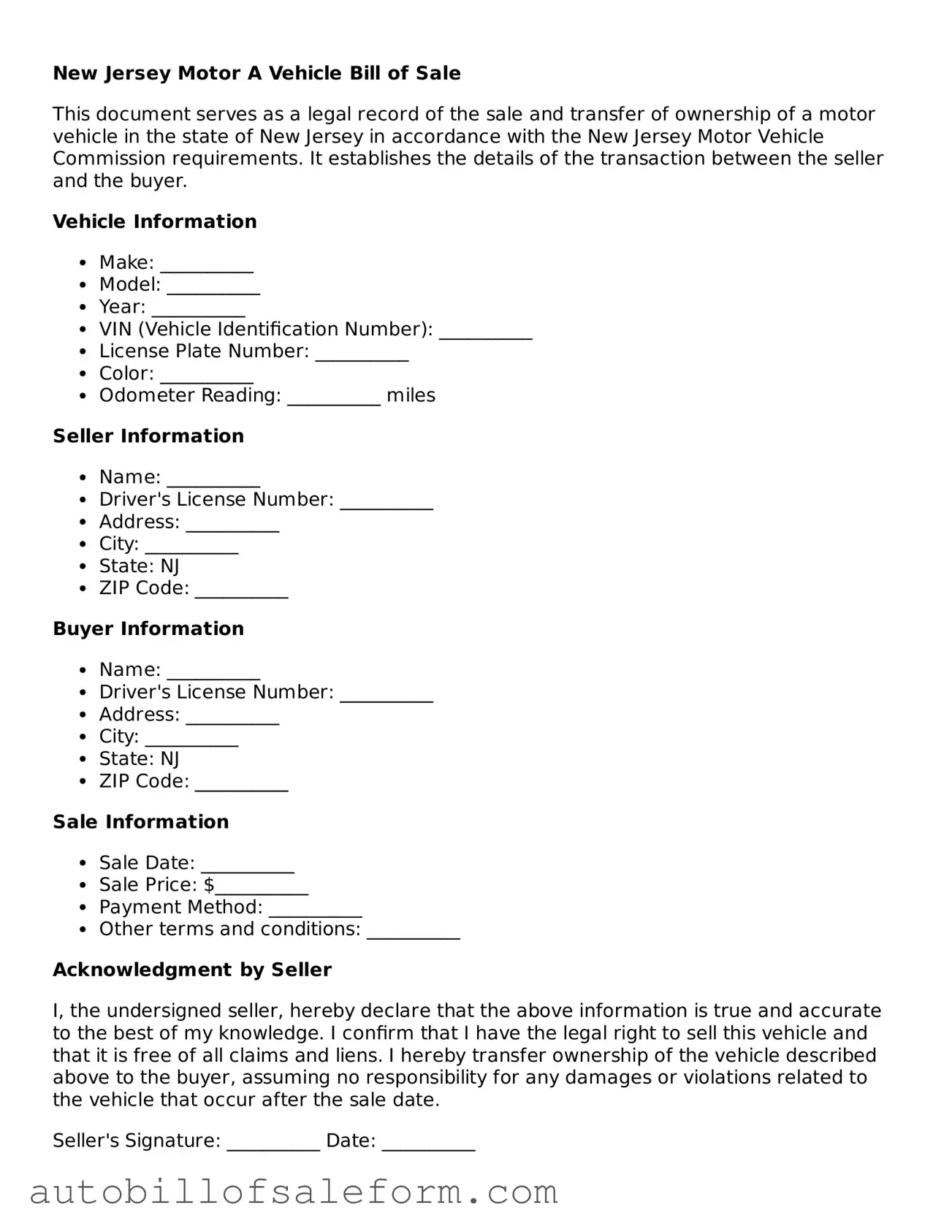 Free  Motor Vehicle Bill of Sale Template for New Jersey