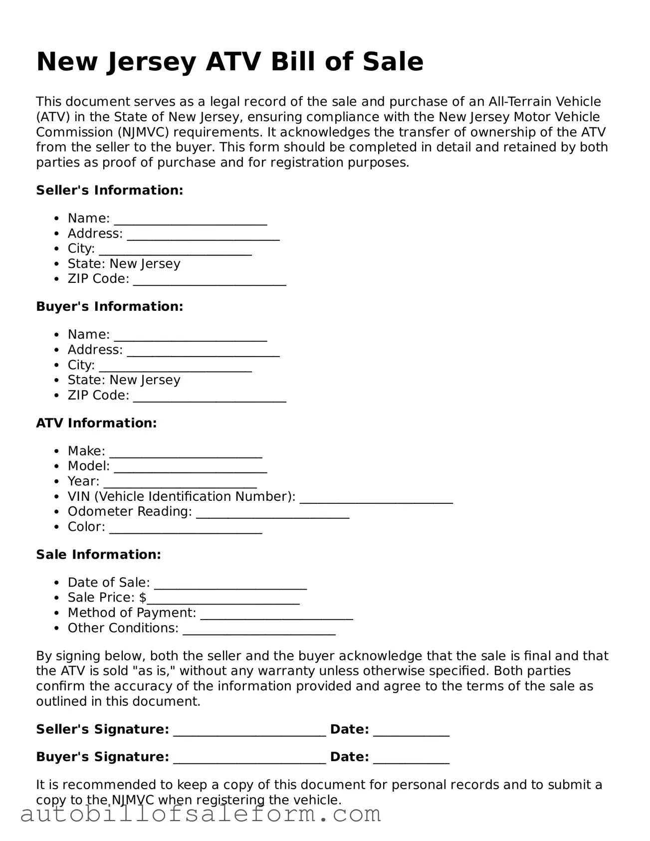 Free  ATV Bill of Sale Template for New Jersey