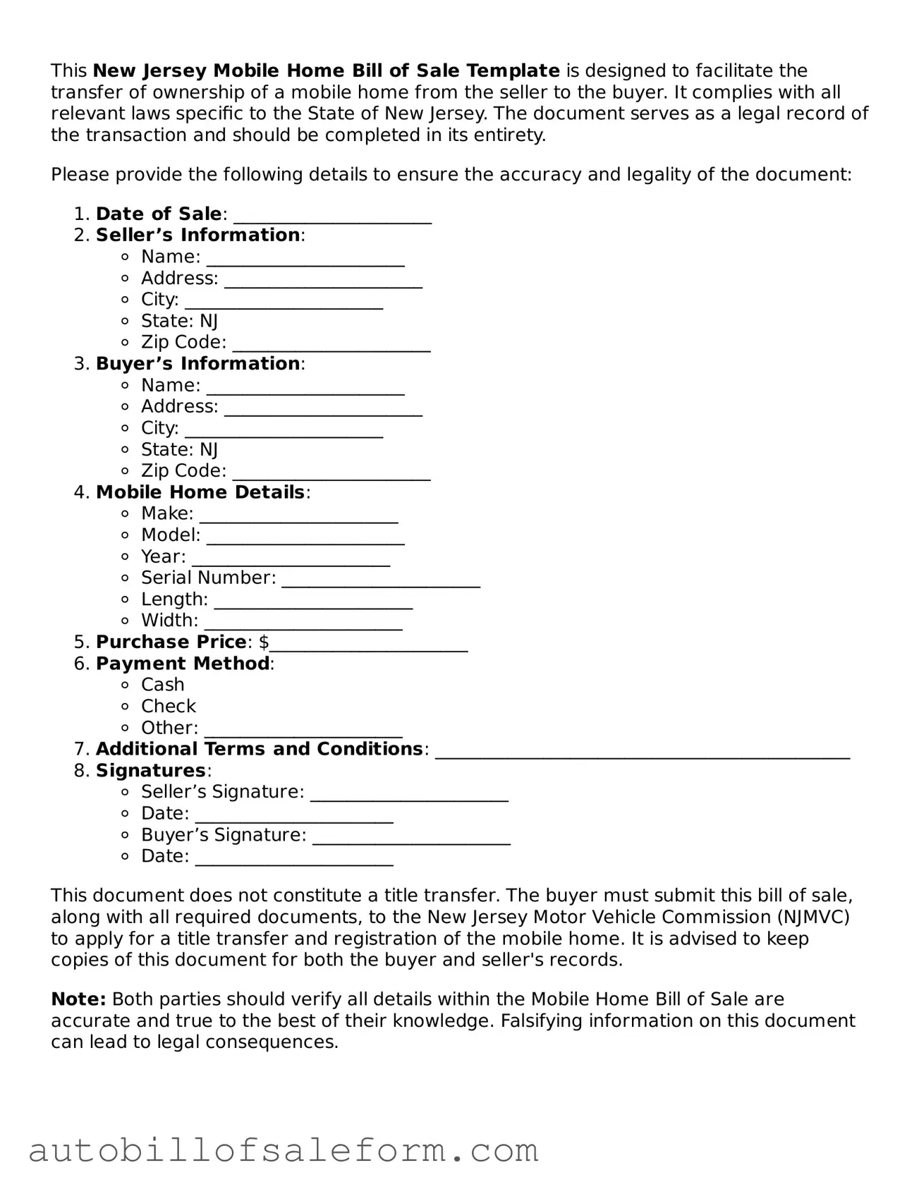 Free  Mobile Home Bill of Sale Template for New Jersey