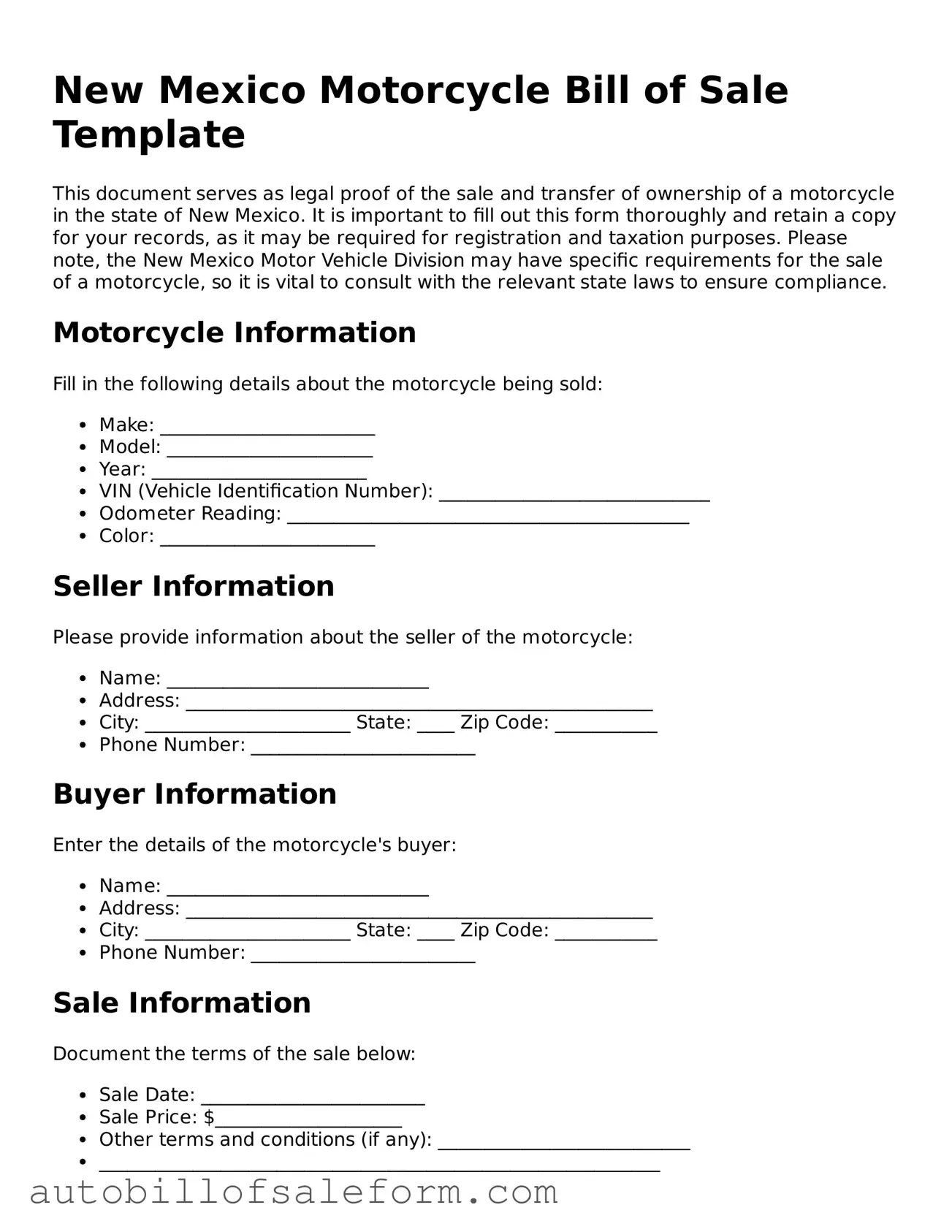 Free  Motorcycle Bill of Sale Template for New Mexico