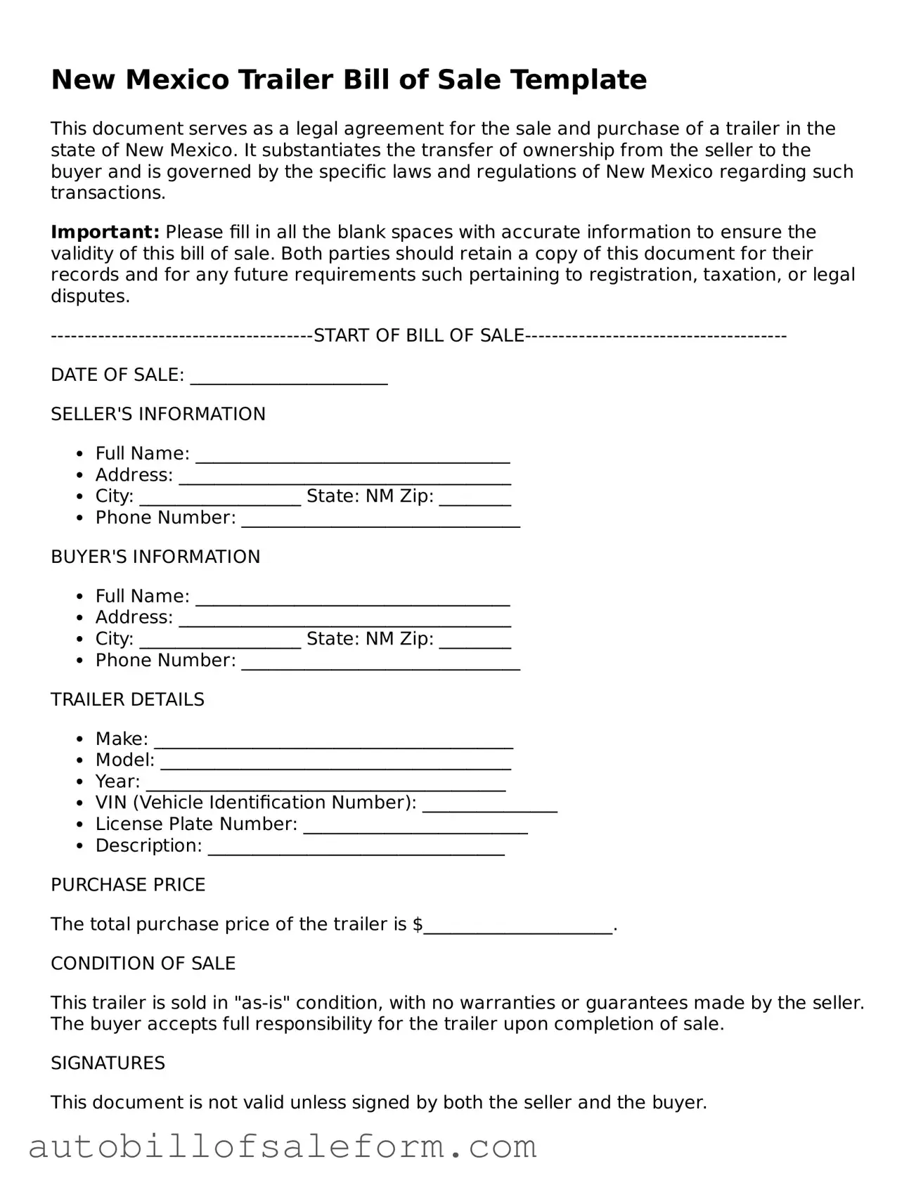 Free  Trailer Bill of Sale Template for New Mexico