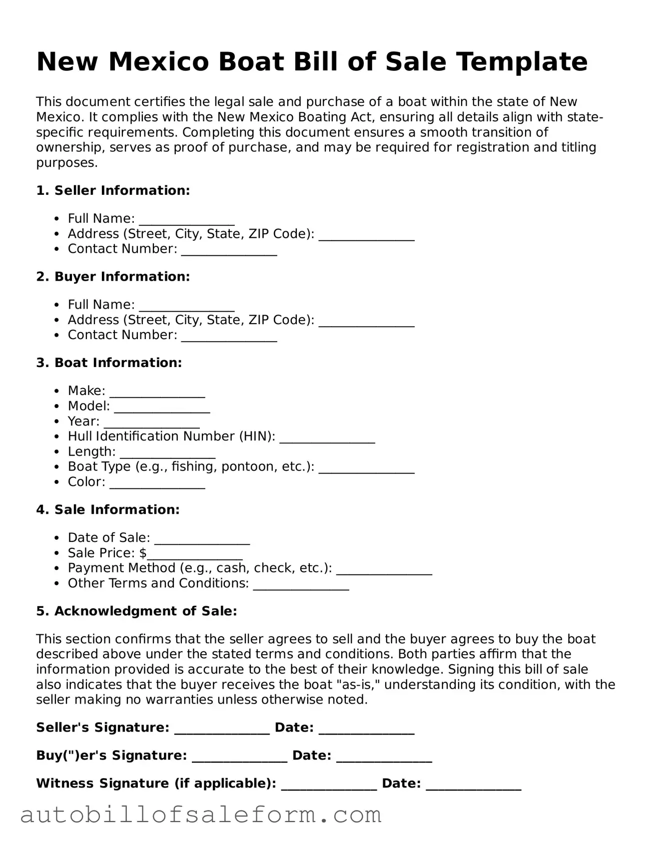 Free  Boat Bill of Sale Template for New Mexico