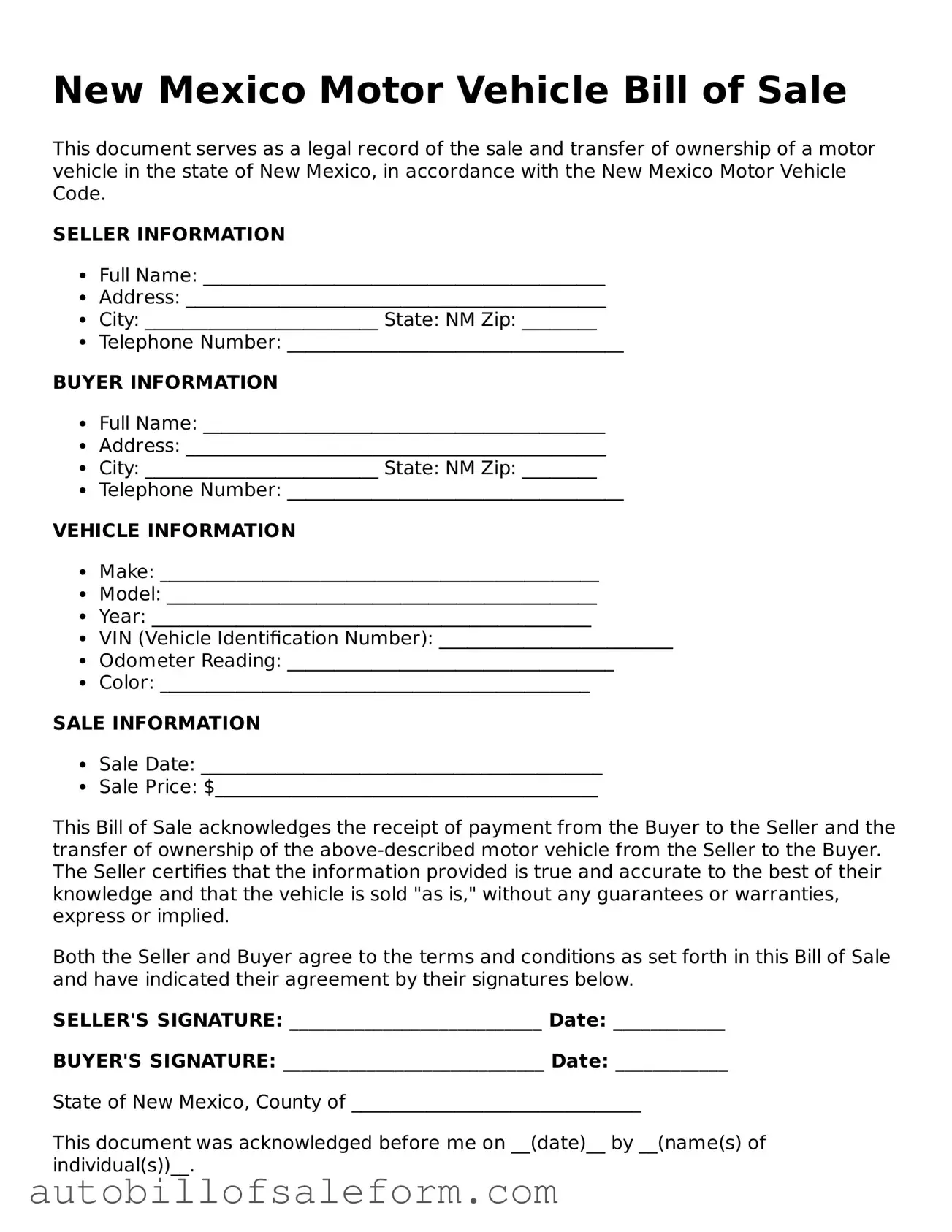Free  Motor Vehicle Bill of Sale Template for New Mexico