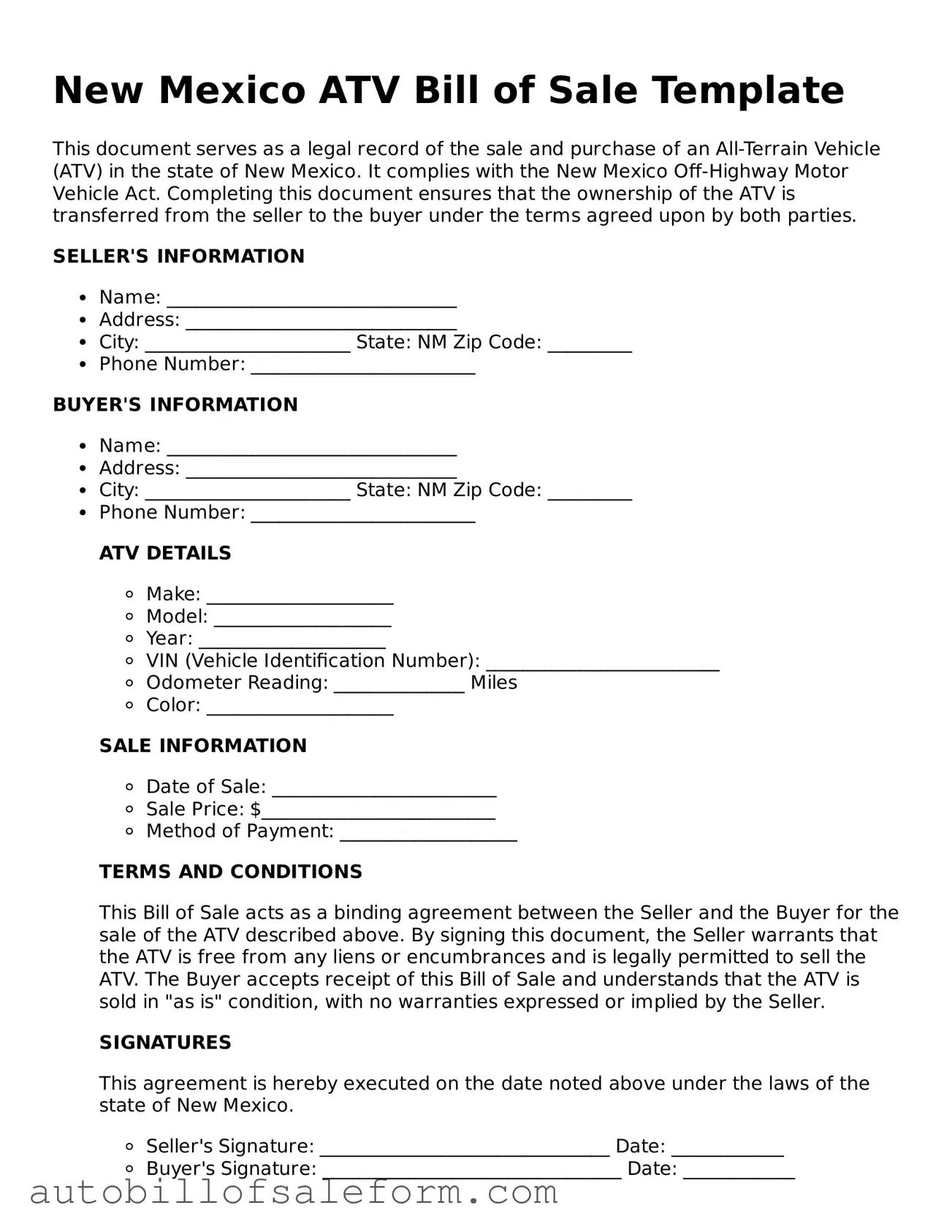 Free  ATV Bill of Sale Template for New Mexico