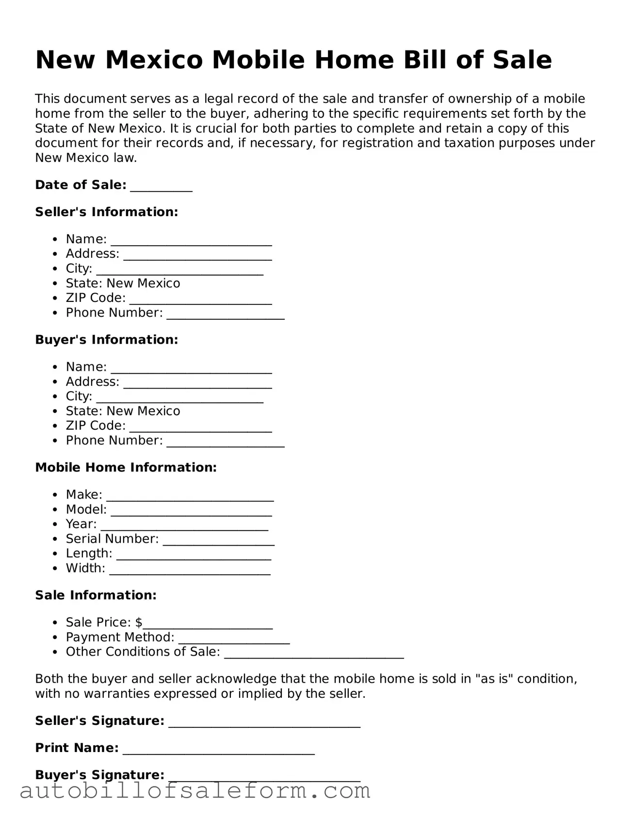 Free  Mobile Home Bill of Sale Template for New Mexico