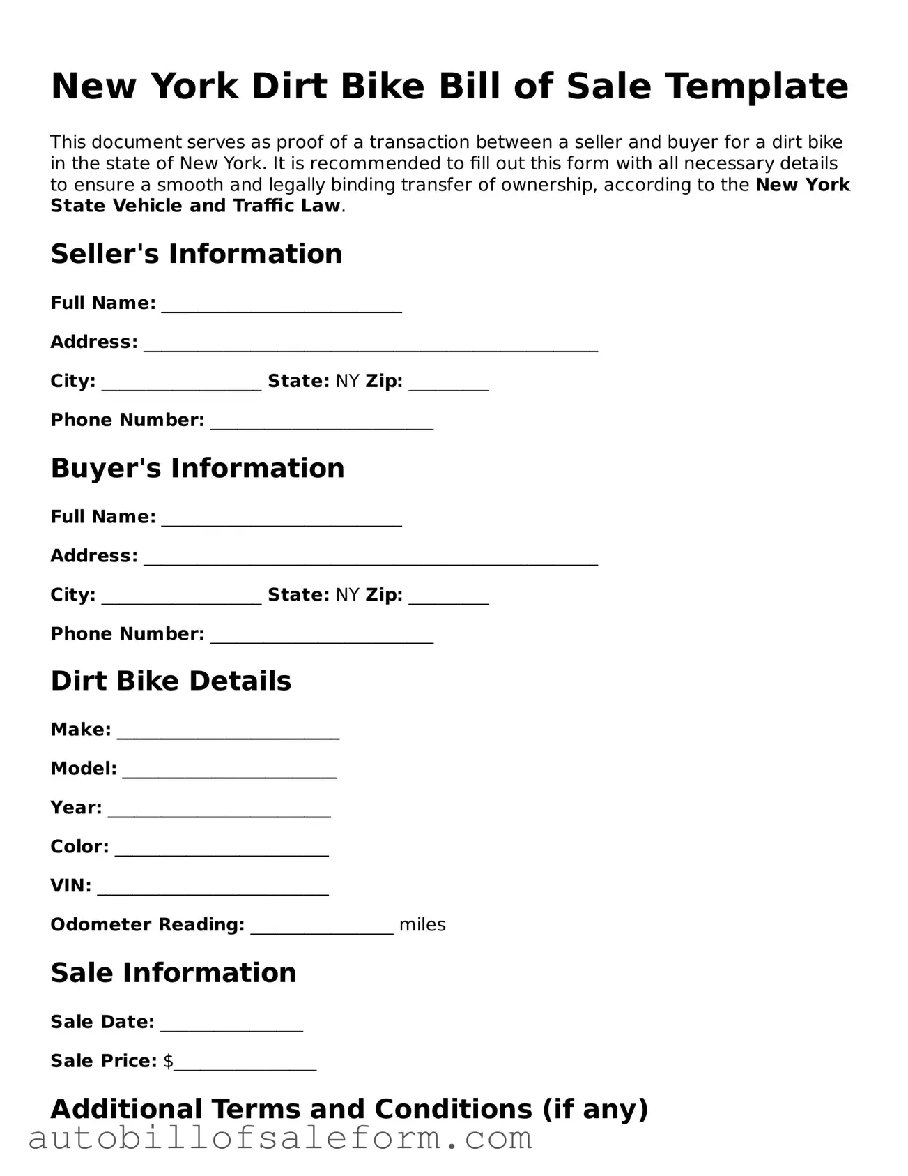 Free  Dirt Bike Bill of Sale Template for New York