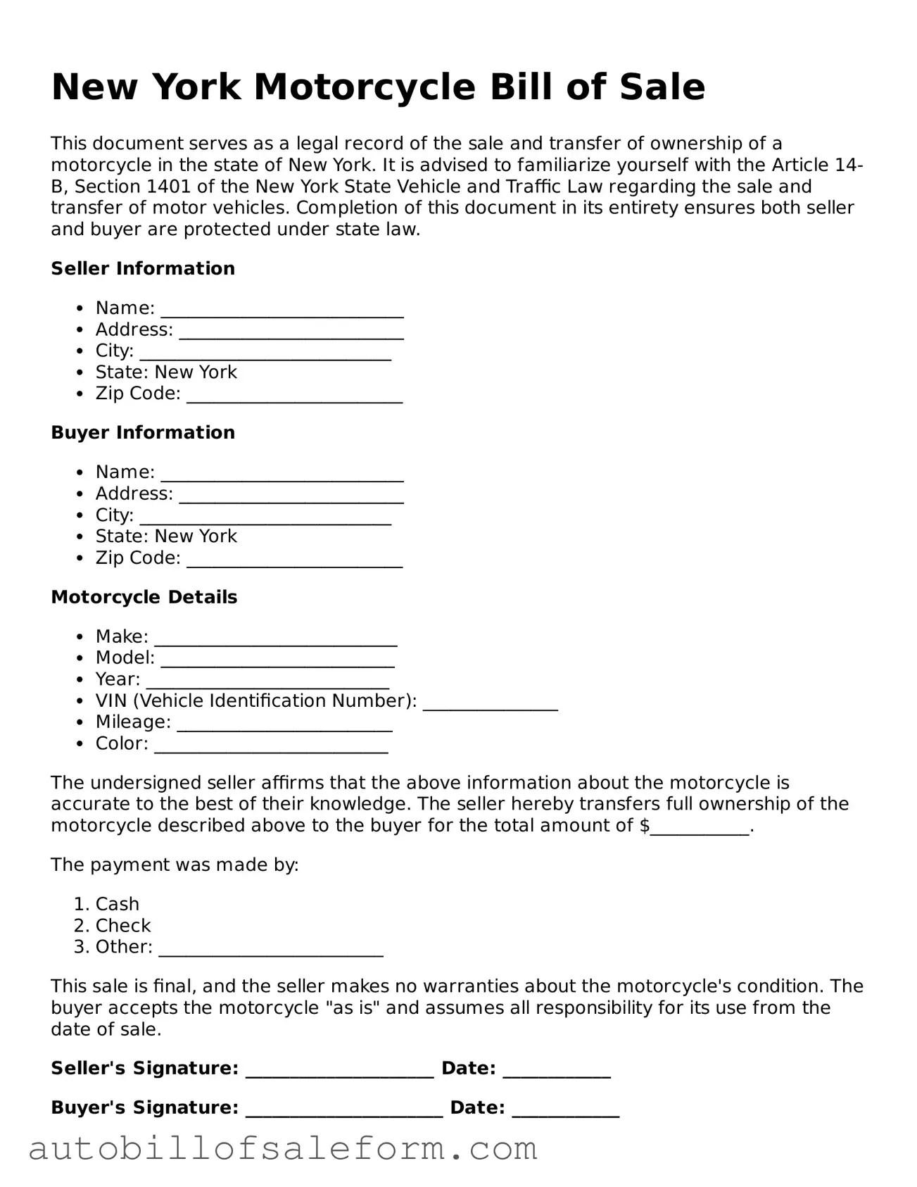 Free  Motorcycle Bill of Sale Template for New York