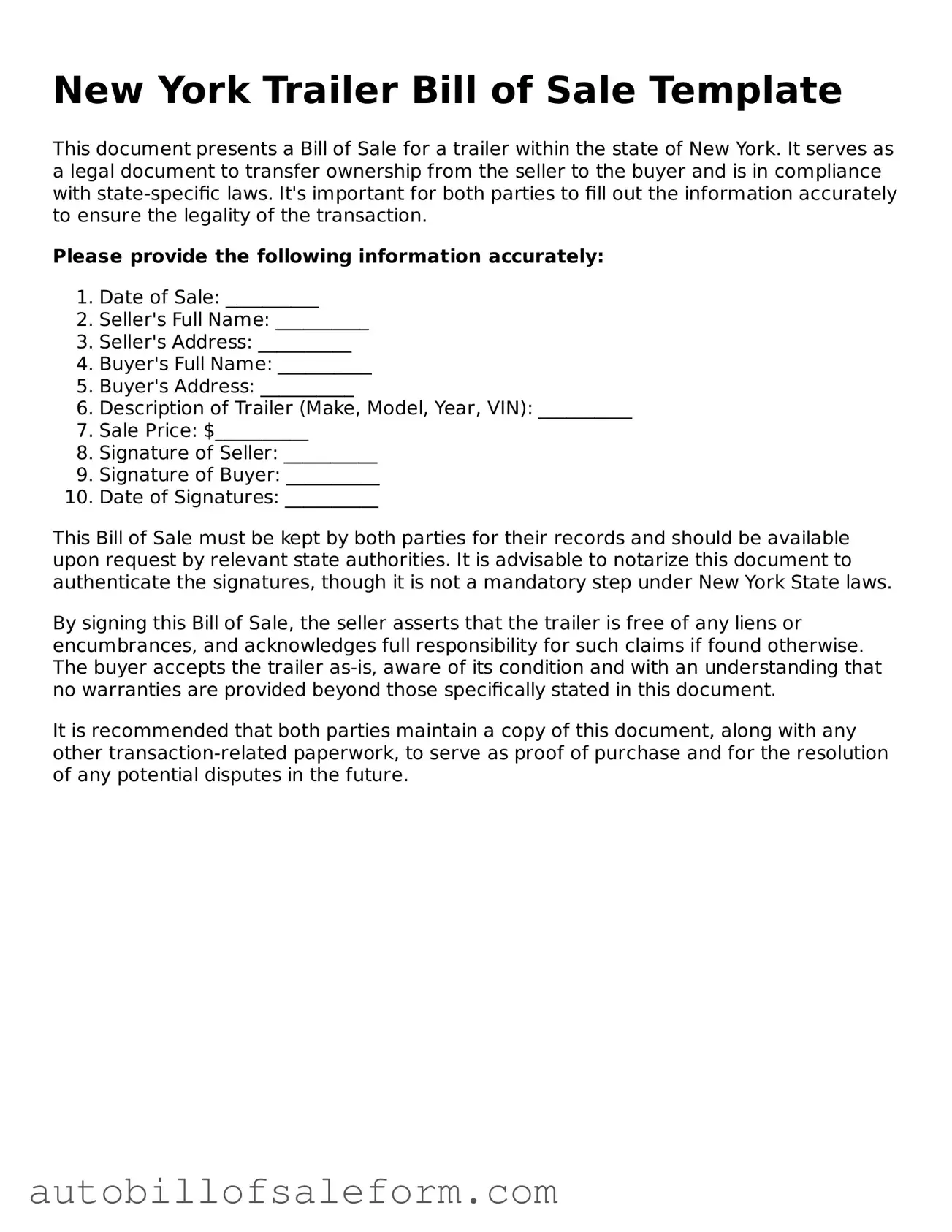 Free  Trailer Bill of Sale Template for New York