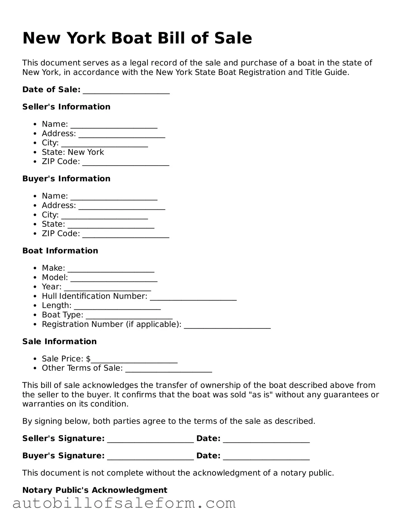 Free  Boat Bill of Sale Template for New York