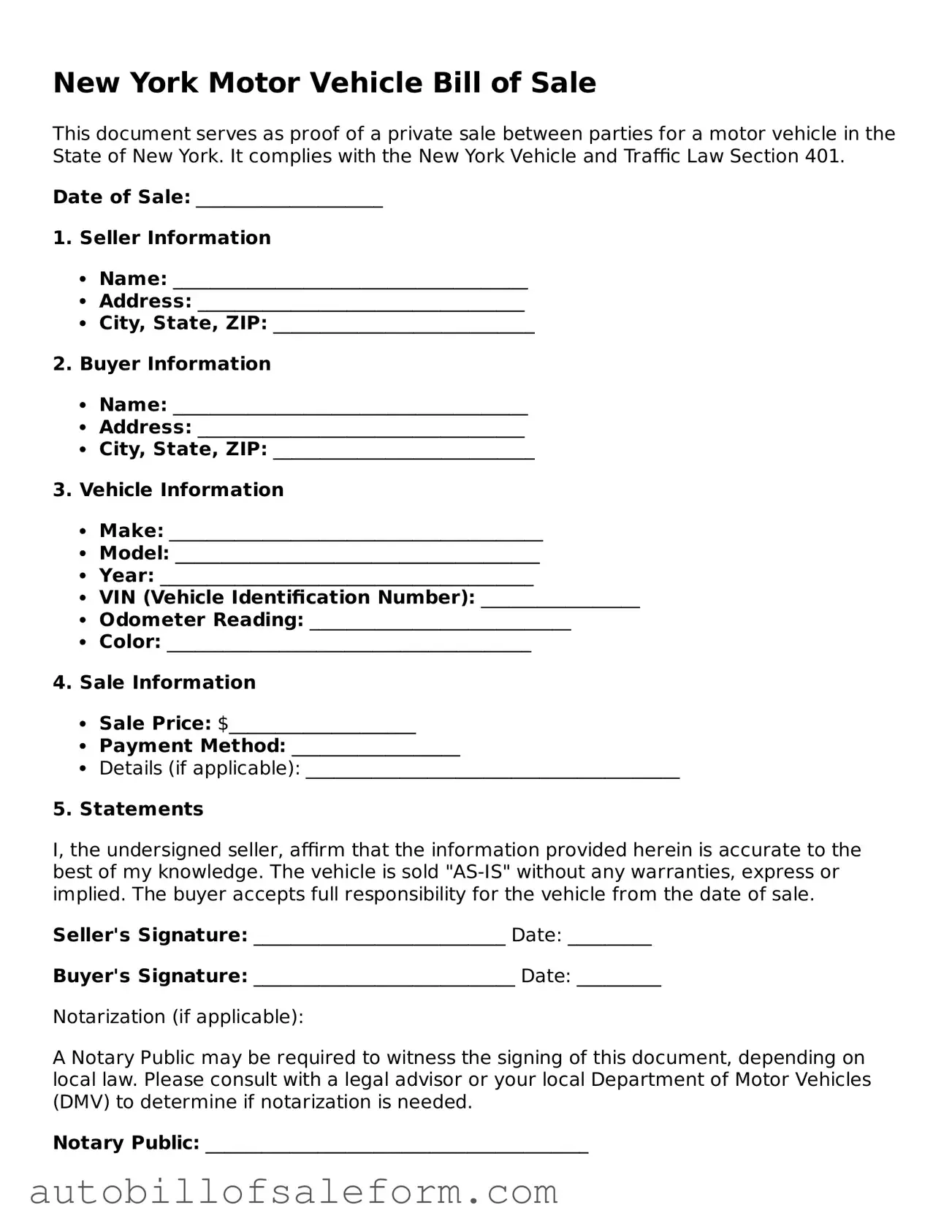 Free  Motor Vehicle Bill of Sale Template for New York