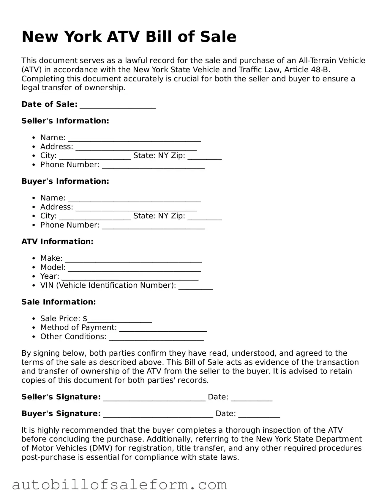 Free  ATV Bill of Sale Template for New York