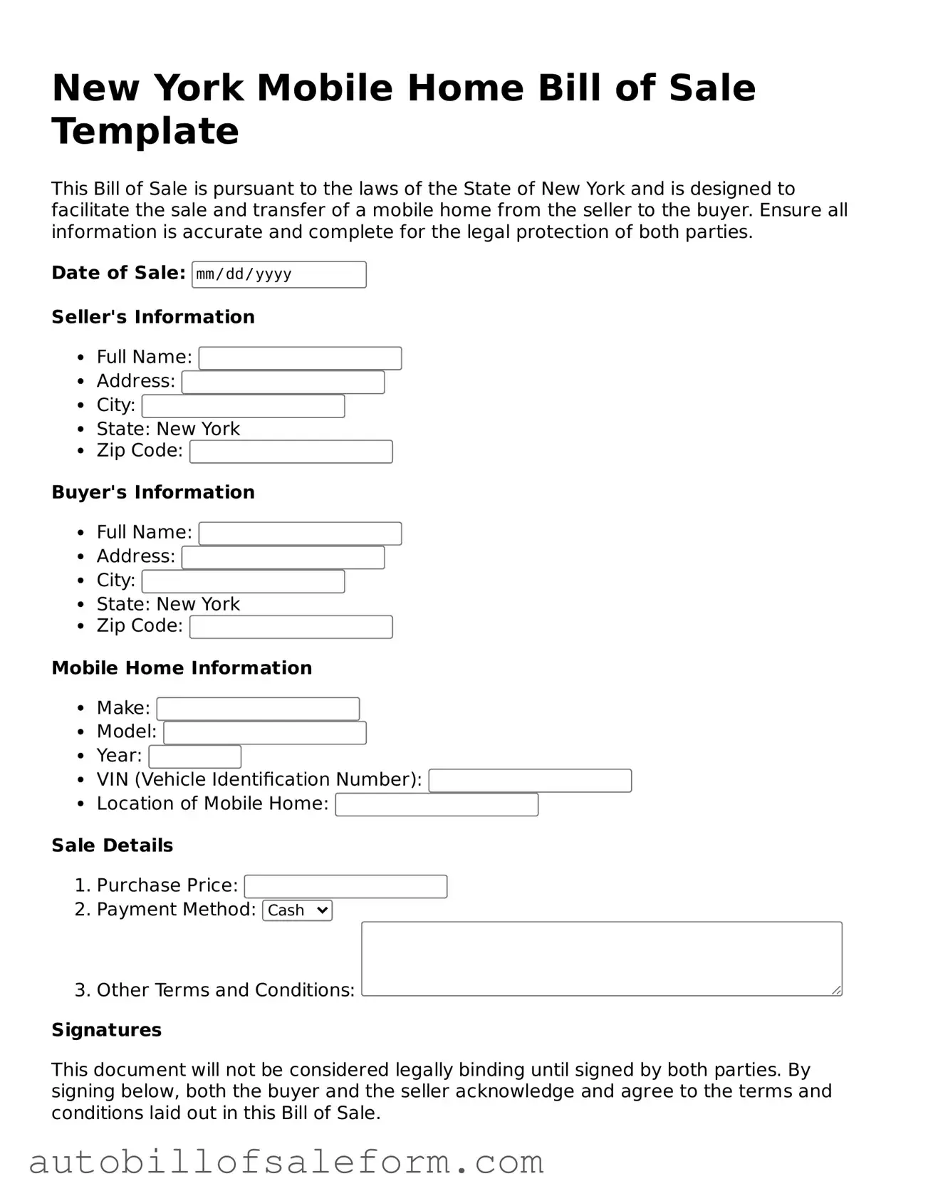 Free  Mobile Home Bill of Sale Template for New York