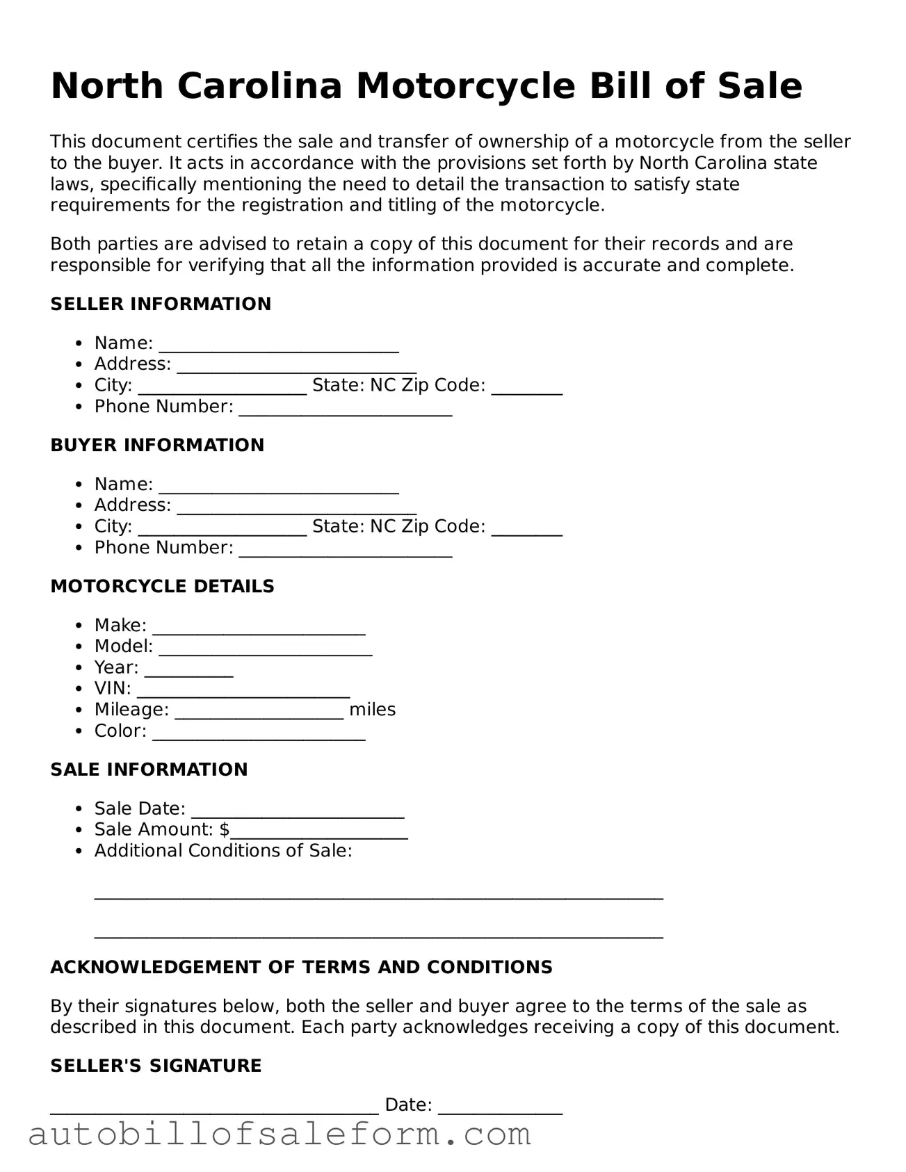 Free  Motorcycle Bill of Sale Template for North Carolina