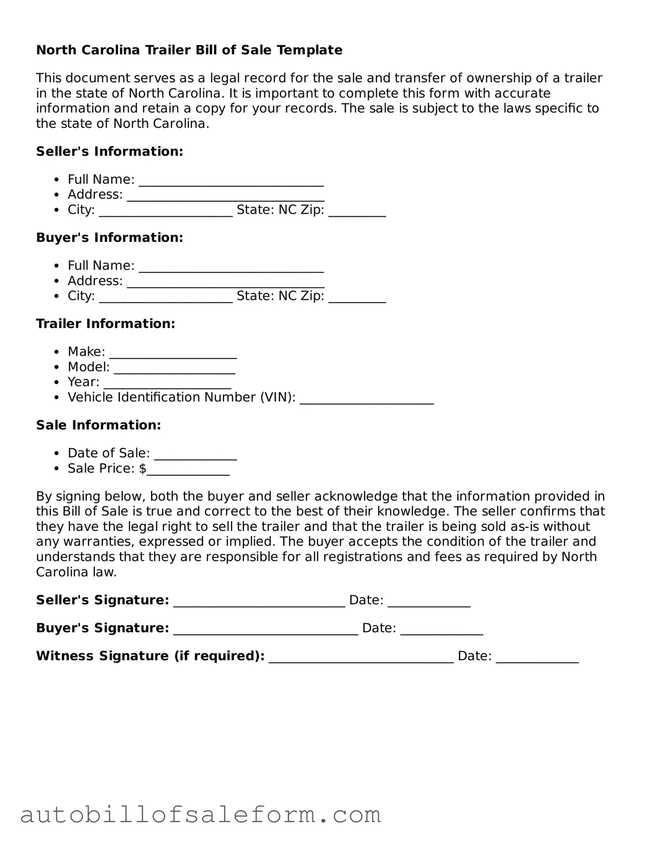 Free  Trailer Bill of Sale Template for North Carolina