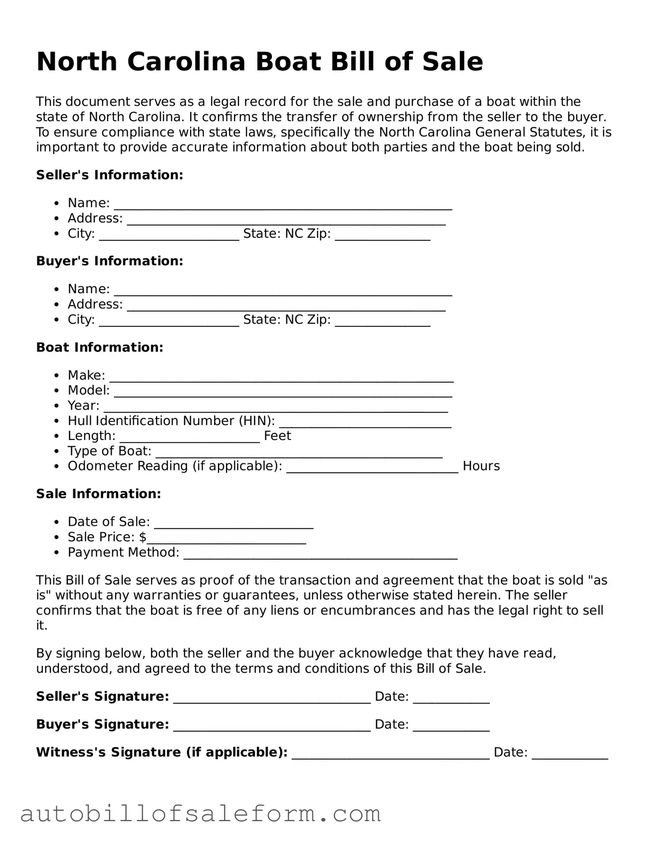 Free  Boat Bill of Sale Template for North Carolina