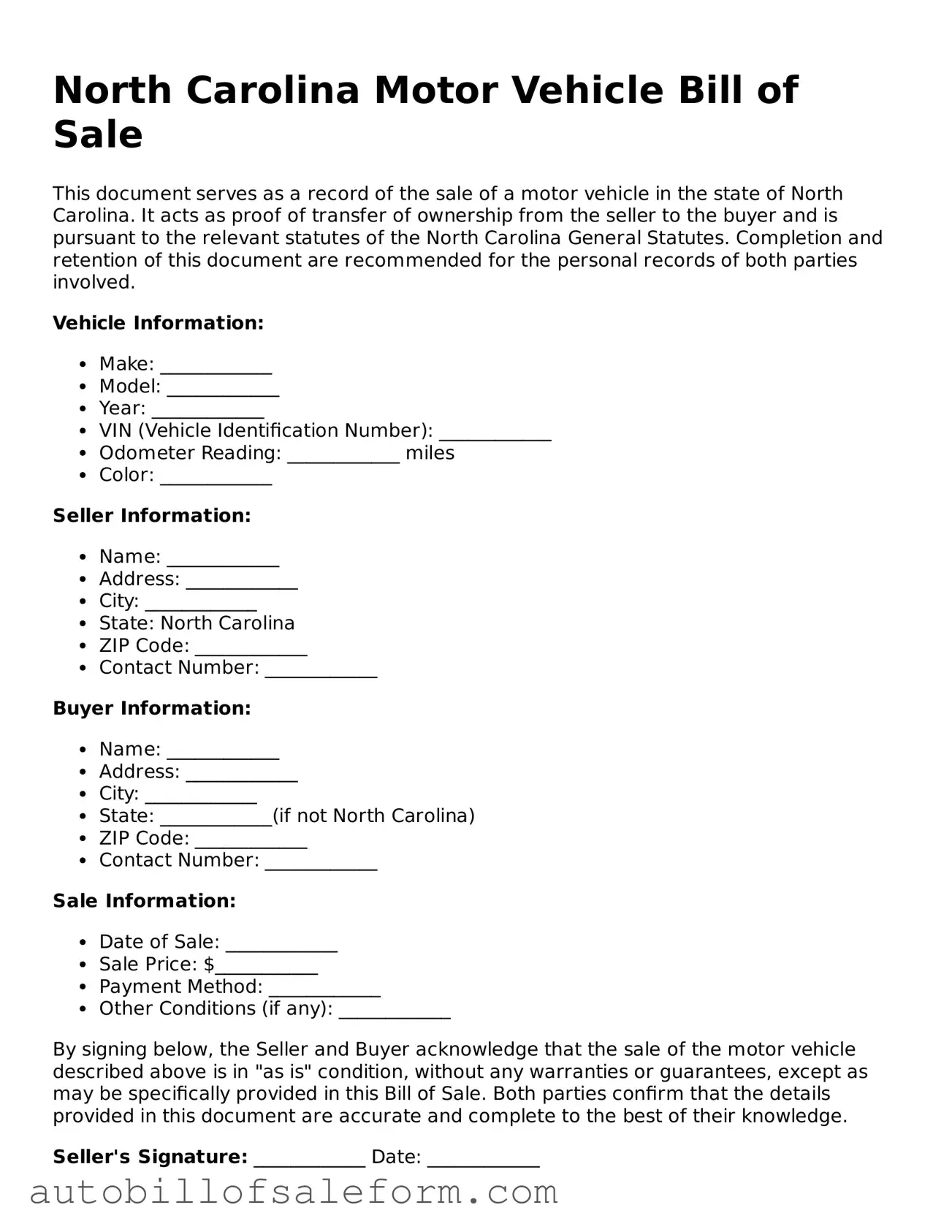 Free  Motor Vehicle Bill of Sale Template for North Carolina