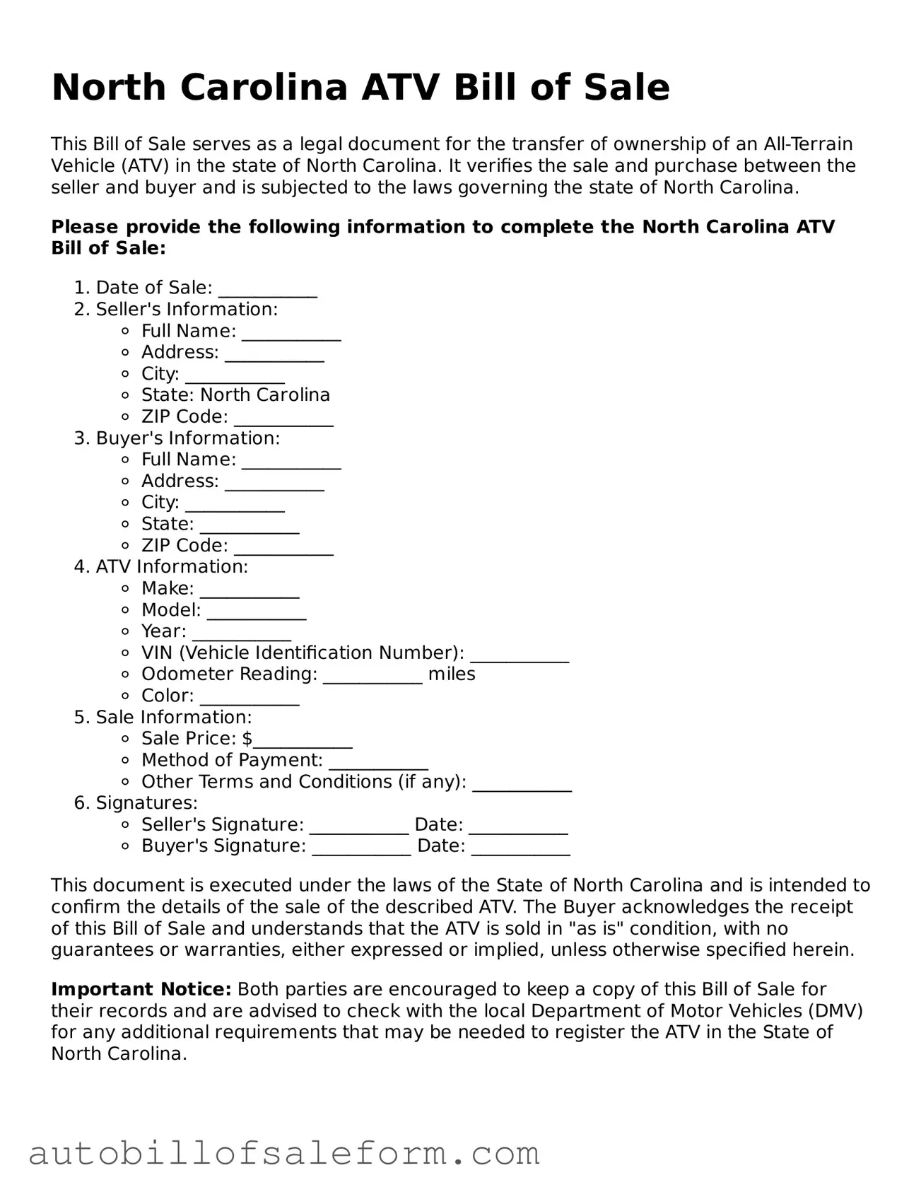 Free  ATV Bill of Sale Template for North Carolina