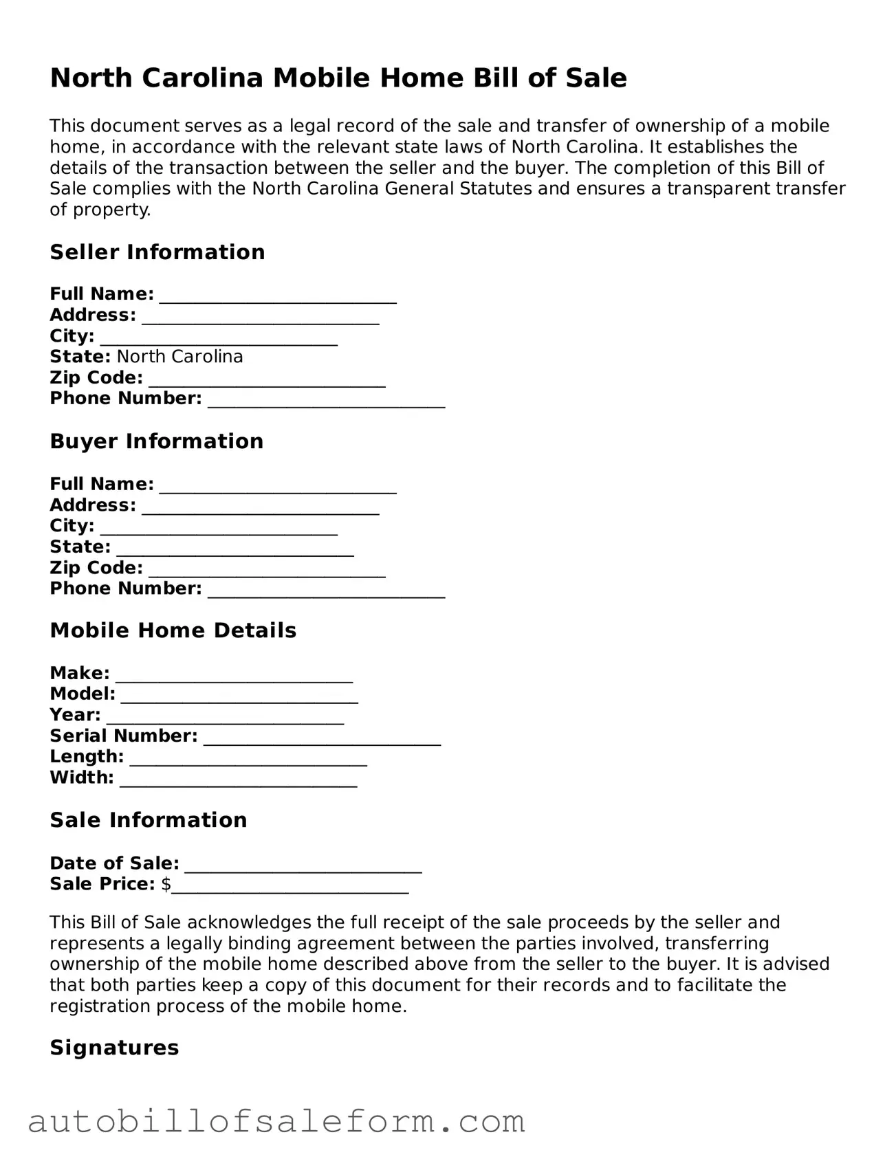 Free  Mobile Home Bill of Sale Template for North Carolina