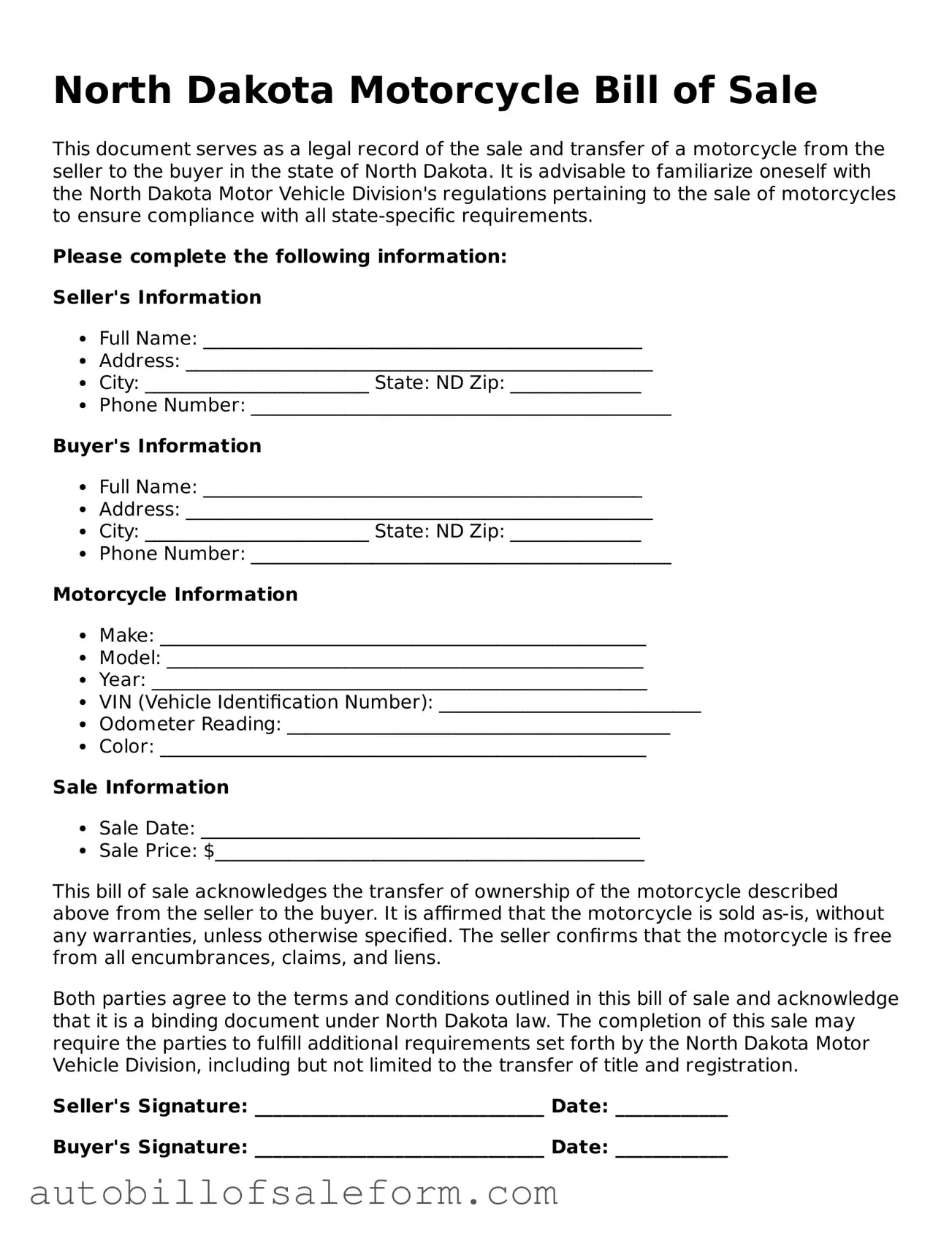 Free  Motorcycle Bill of Sale Template for North Dakota