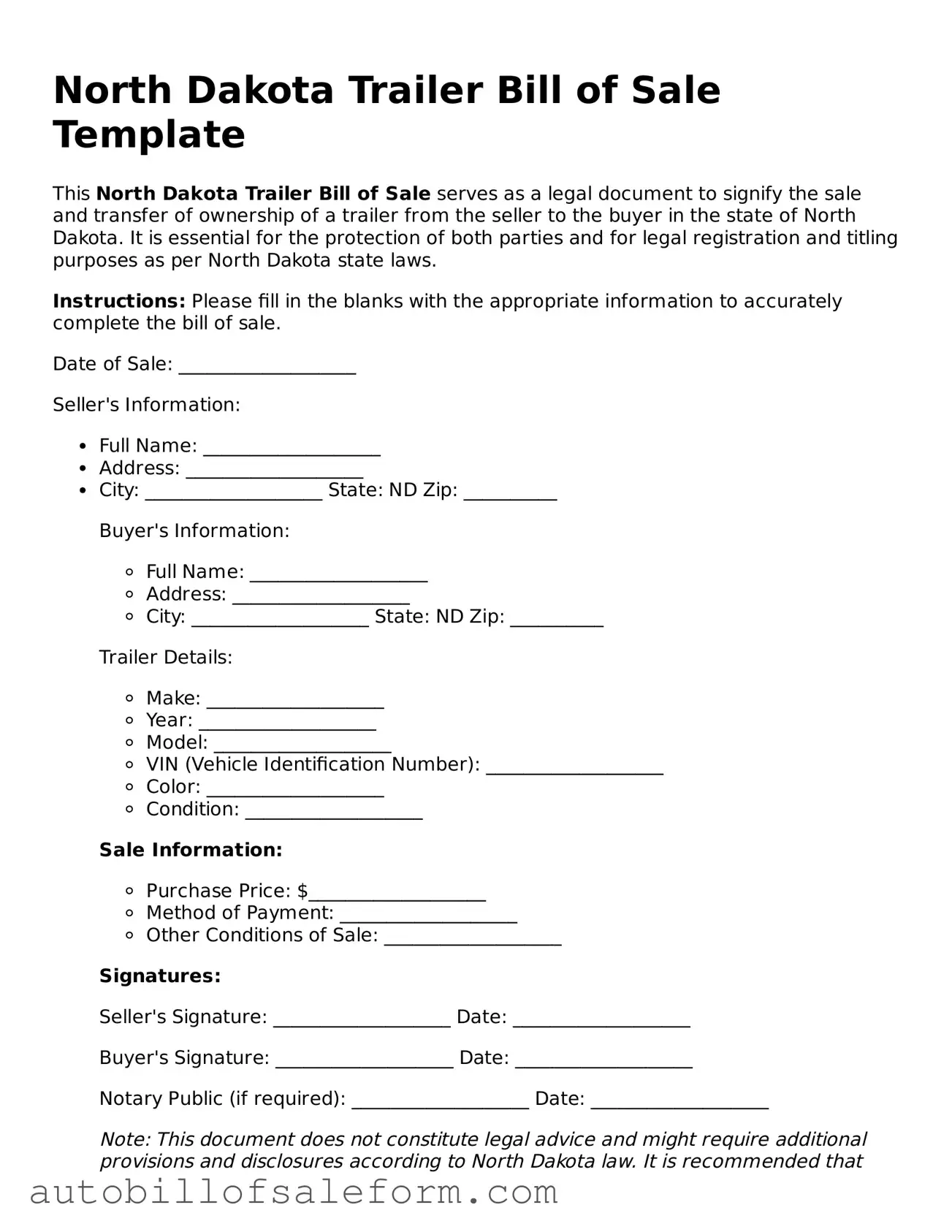 Free  Trailer Bill of Sale Template for North Dakota