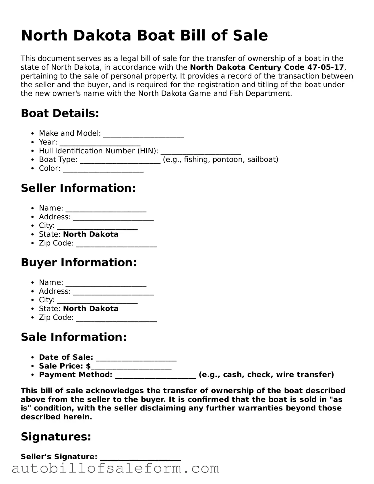 Free  Boat Bill of Sale Template for North Dakota