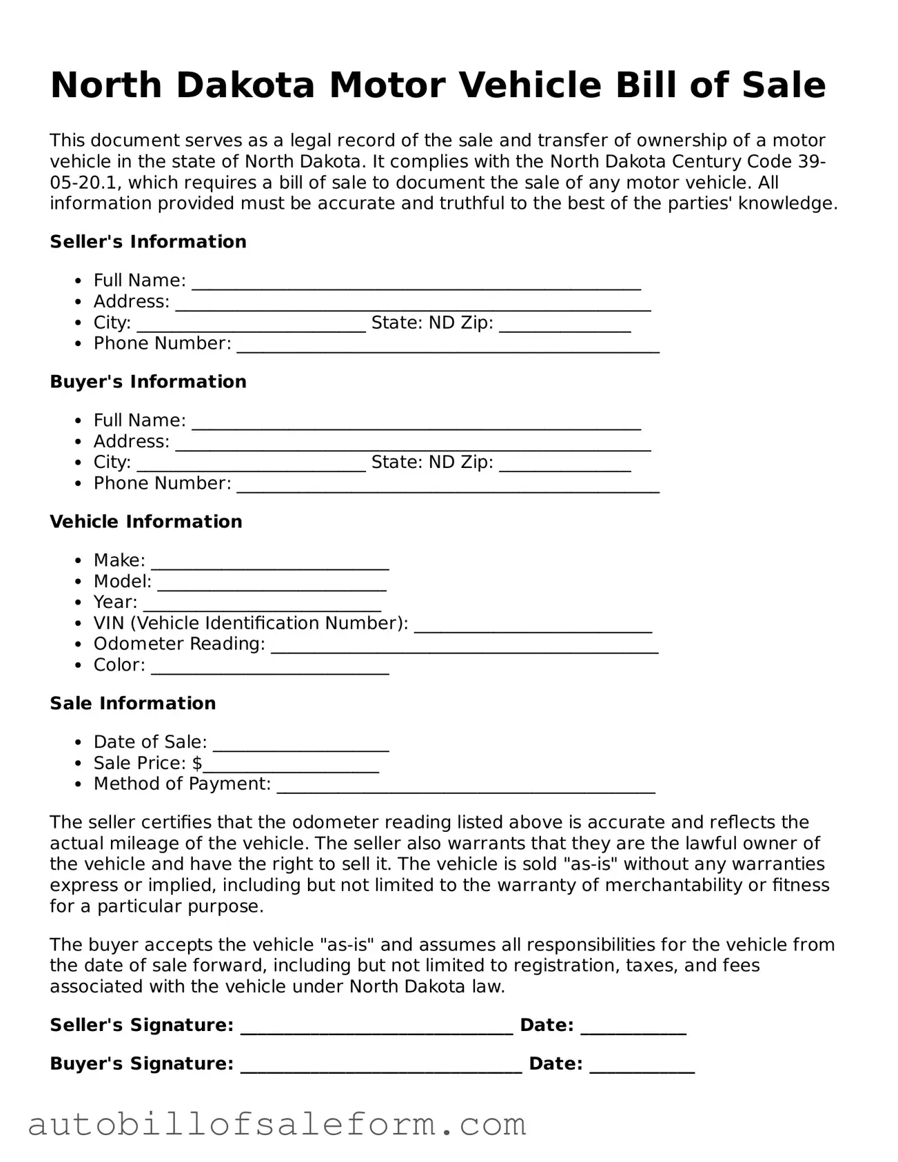 Free  Motor Vehicle Bill of Sale Template for North Dakota