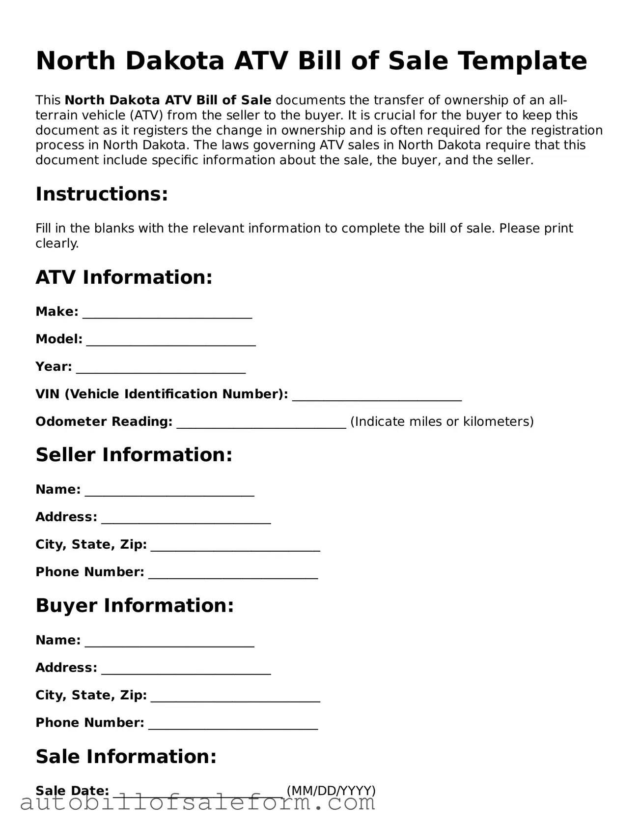 Free  ATV Bill of Sale Template for North Dakota