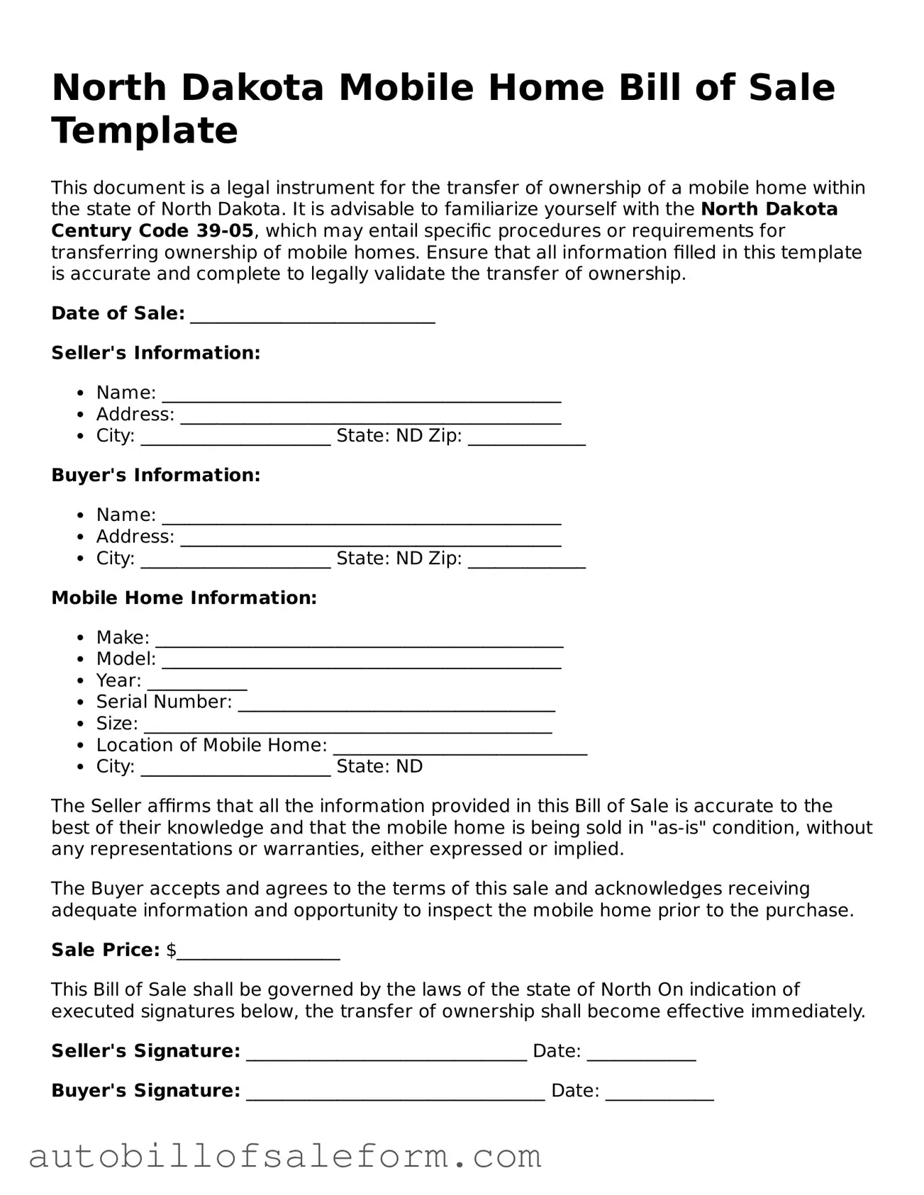 Free  Mobile Home Bill of Sale Template for North Dakota