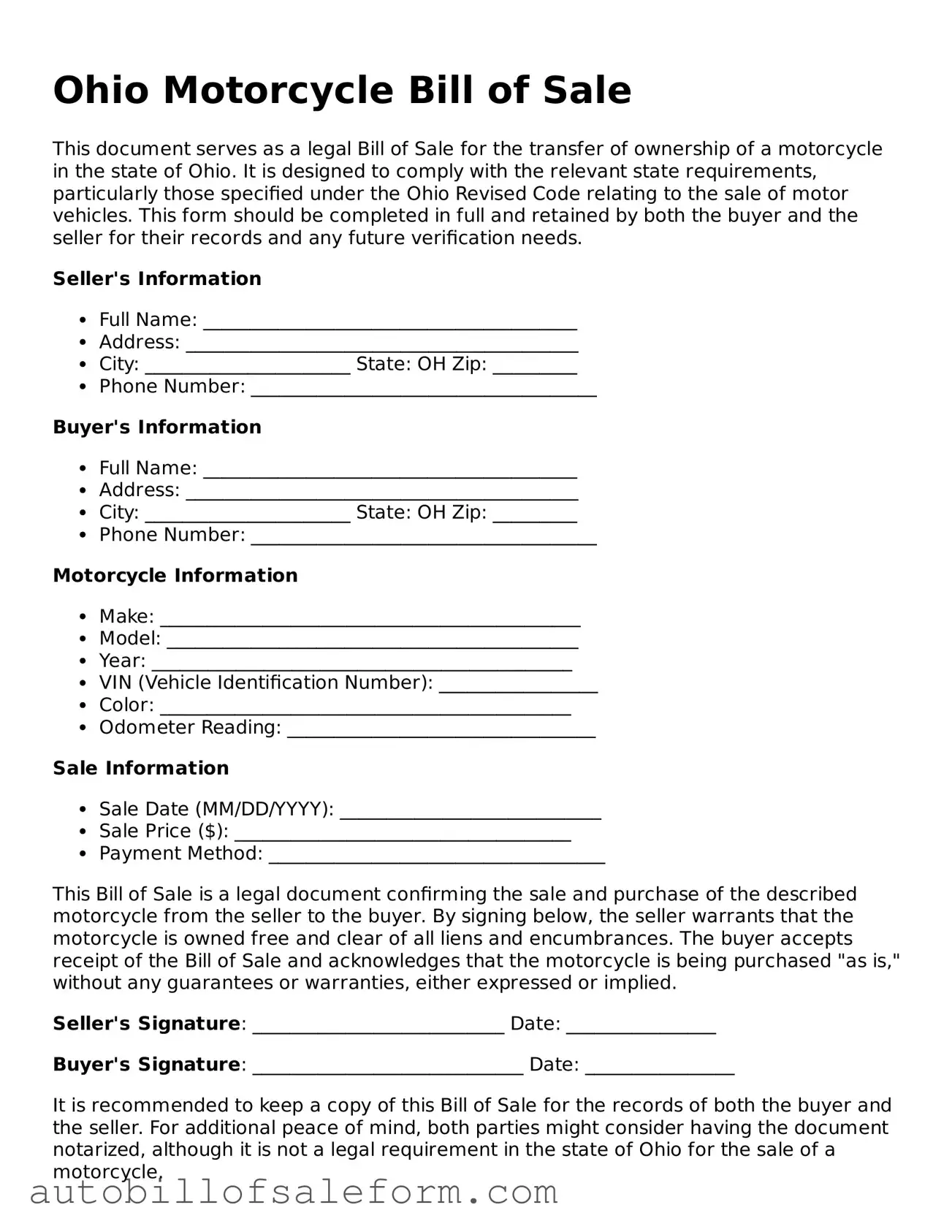 Free  Motorcycle Bill of Sale Template for Ohio
