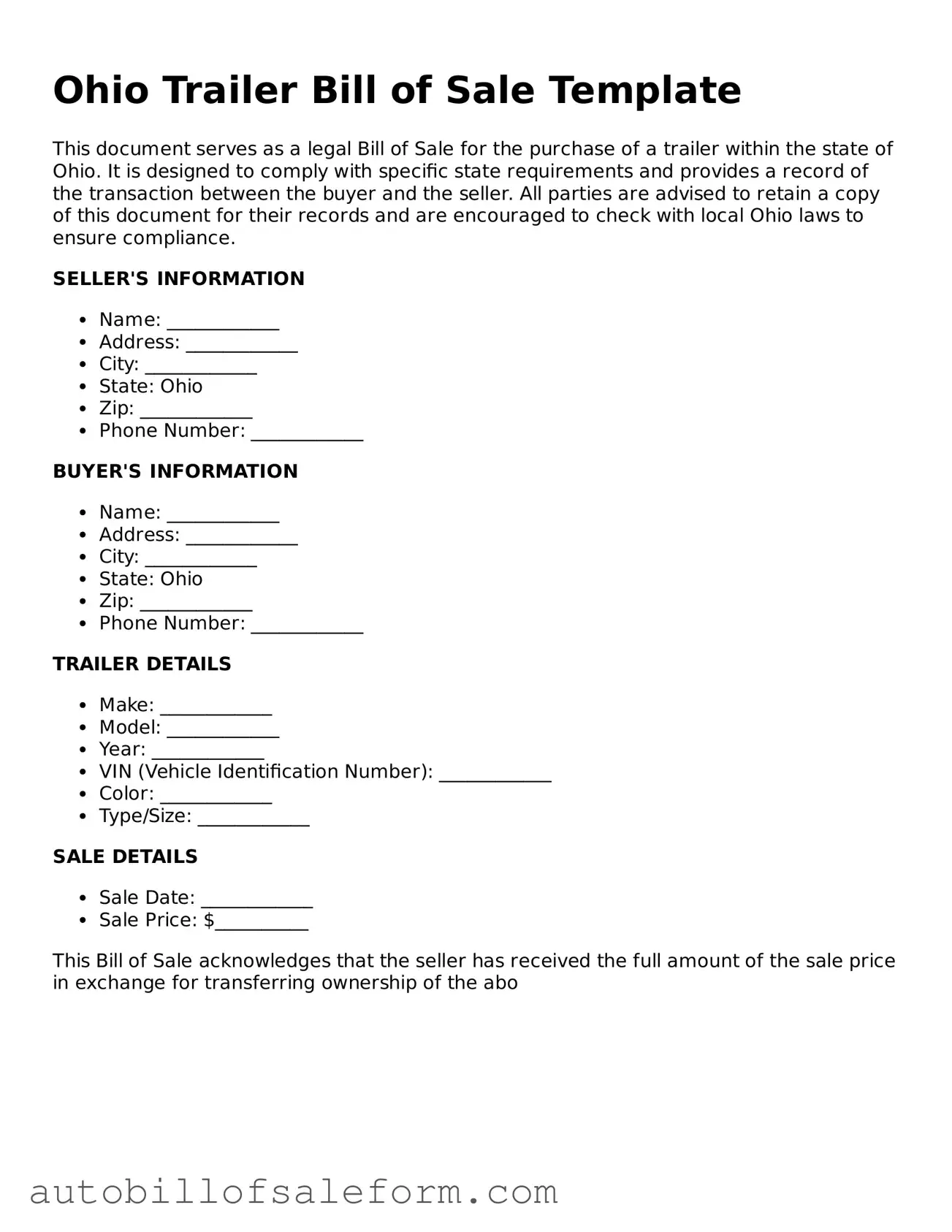 Free  Trailer Bill of Sale Template for Ohio