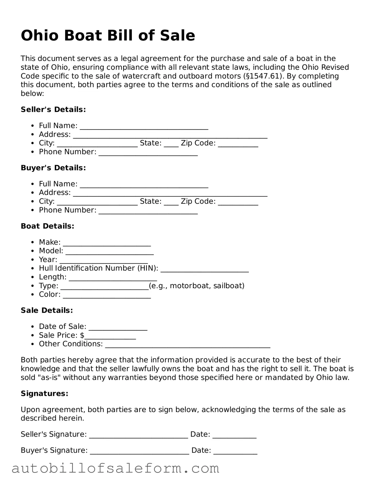 Free  Boat Bill of Sale Template for Ohio