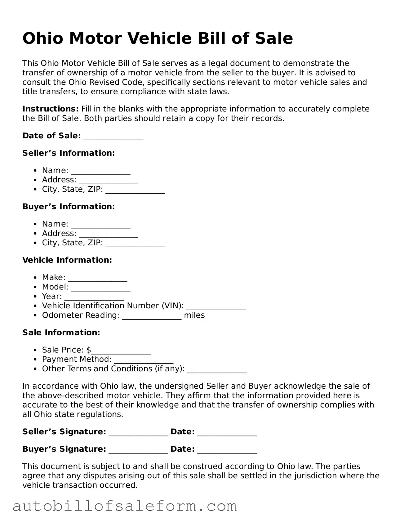 Free  Motor Vehicle Bill of Sale Template for Ohio