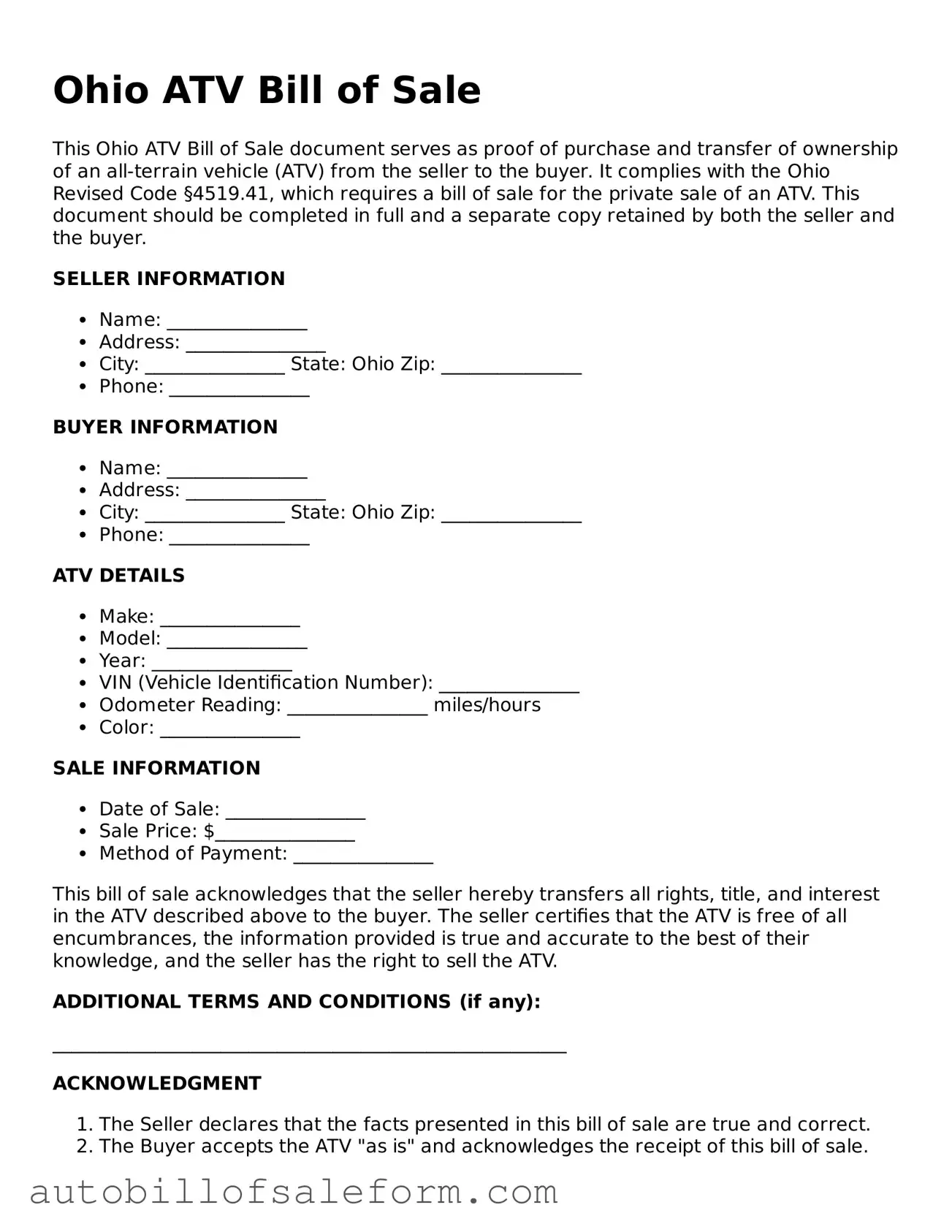 Free  ATV Bill of Sale Template for Ohio
