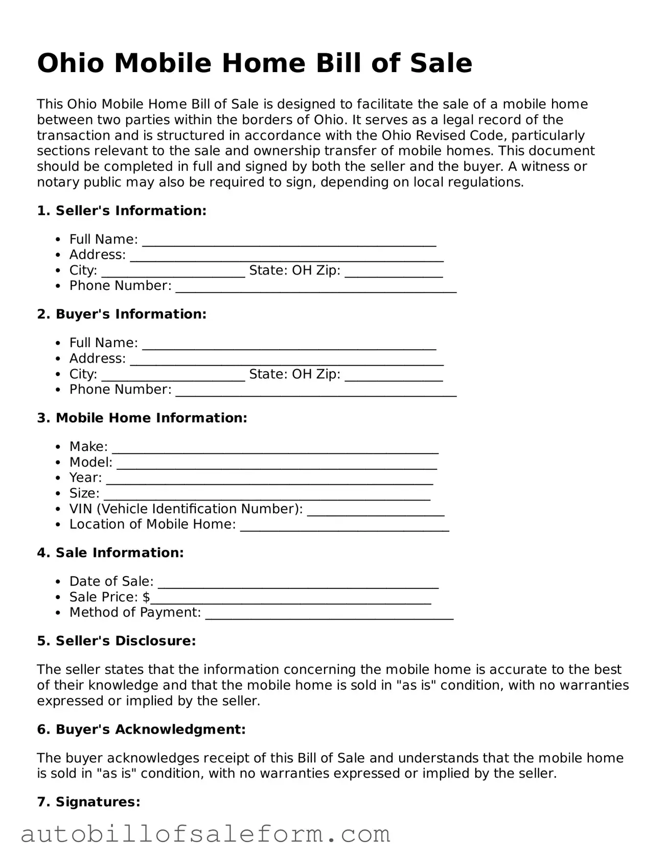 Free  Mobile Home Bill of Sale Template for Ohio